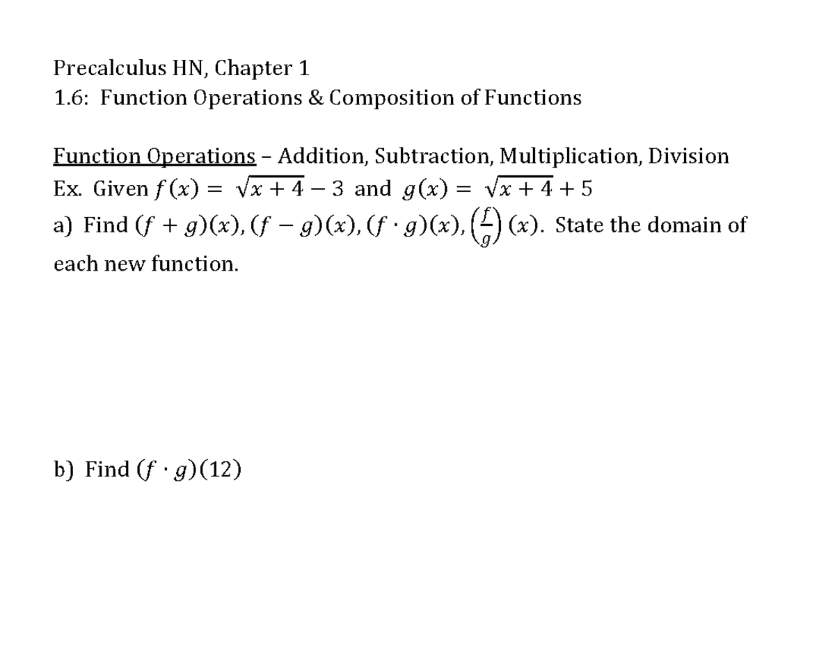 Notes+1 - Unit 1 Notes - MTH 167 - Precalculus HN, Chapter 1 1 ...