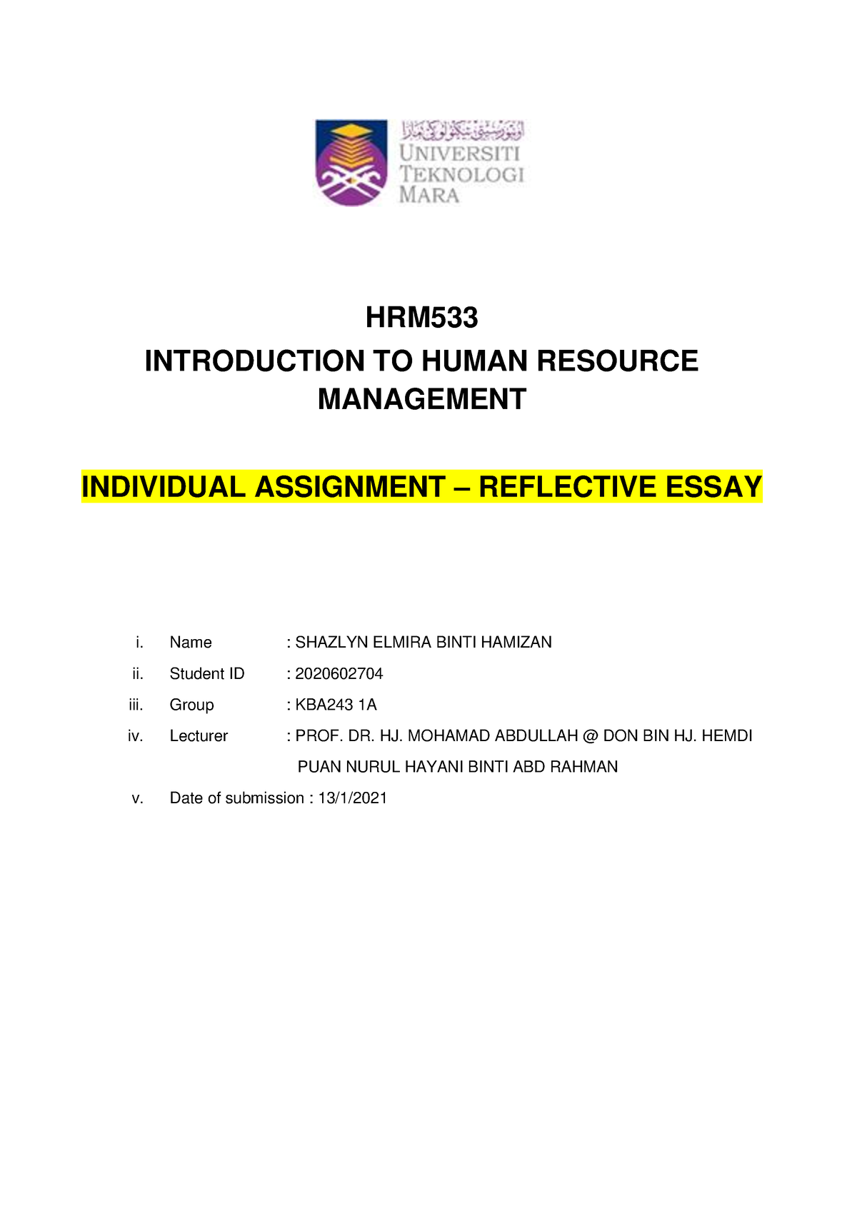 reflective essay human resources