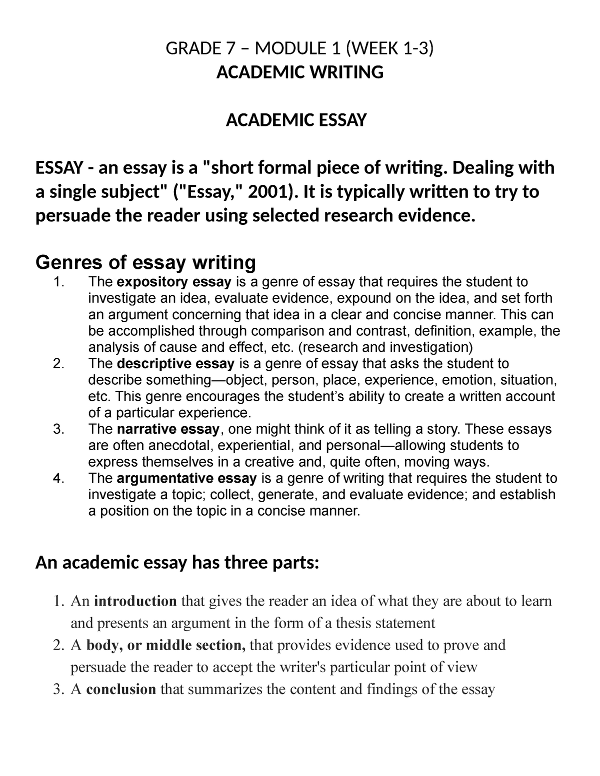 Academic Essay Lesson G7 - GRADE 7 – MODULE 1 (WEEK 1-3) ACADEMIC ...