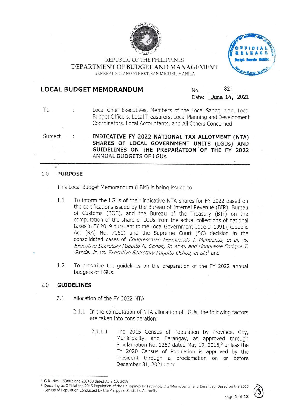 Local Budget Memorandum NO 82 - 00"-41.'1, 42 (T FICIAL RELEASE' INgds ...