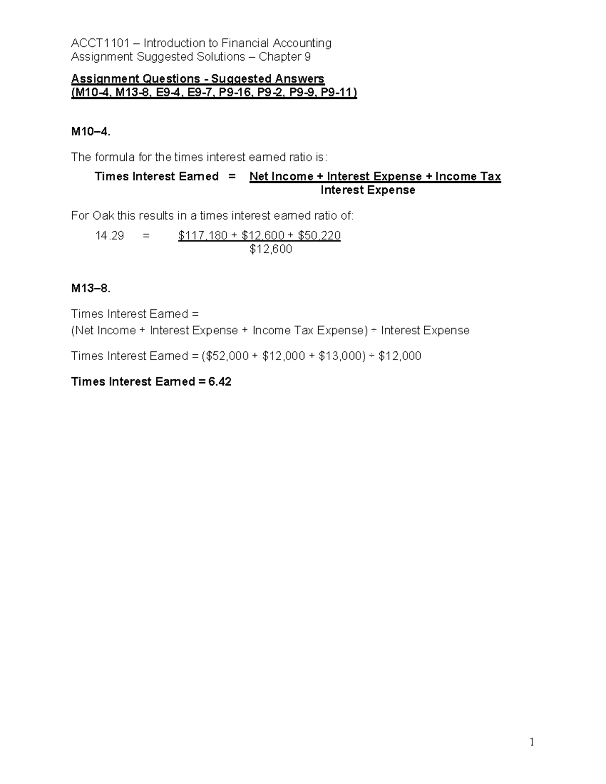 ACCT1101 Solution Chapter 09 - Assignment Suggested Solutions – Chapter ...