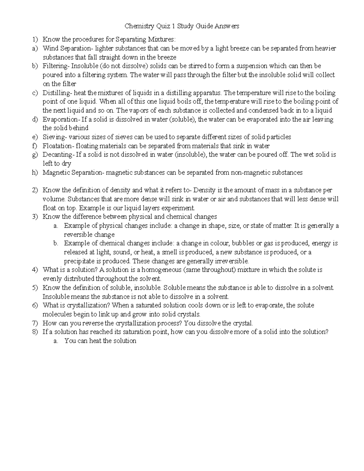 Chemistry Quiz 1 Study Guide Answers Chemistry Quiz 1 Study Guide