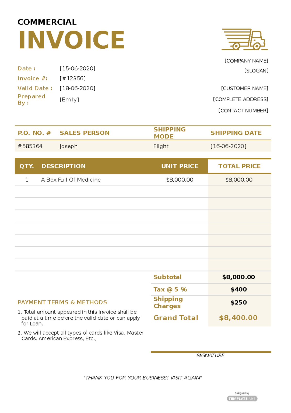 Simple Commercial Invoice - COMMERCIAL INVOICE [COMPANY NAME] Date ...