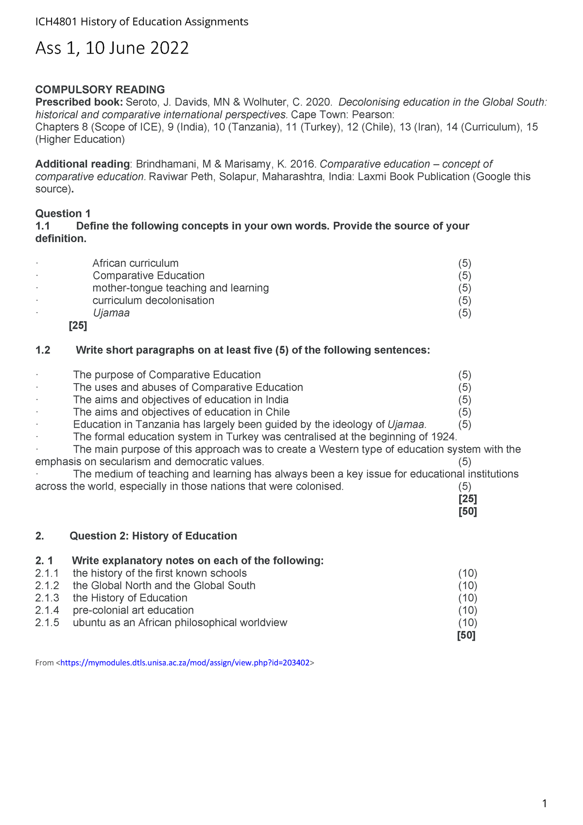 ICH4801 Assignments For 2022 - Ass 1, 10 June 2022 COMPULSORY READING ...