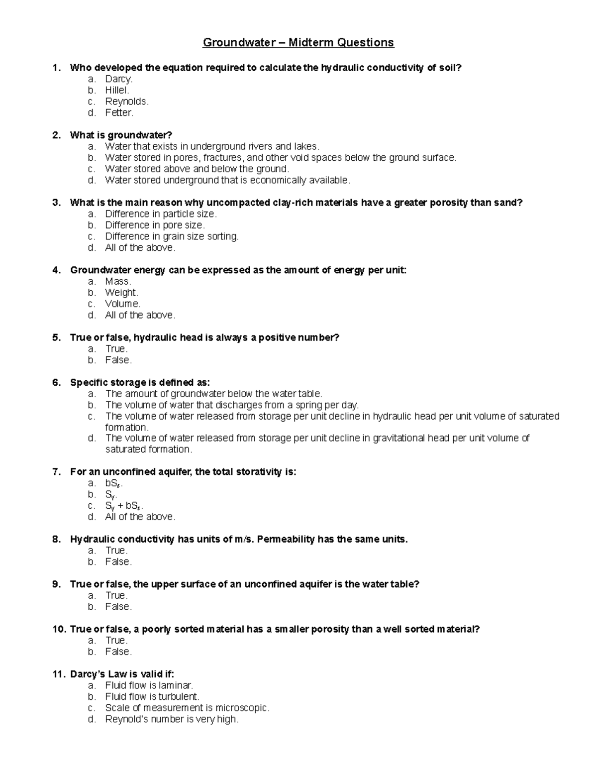 Groundwater Midterm Questions - Groundwater – Midterm Questions 1. Who ...