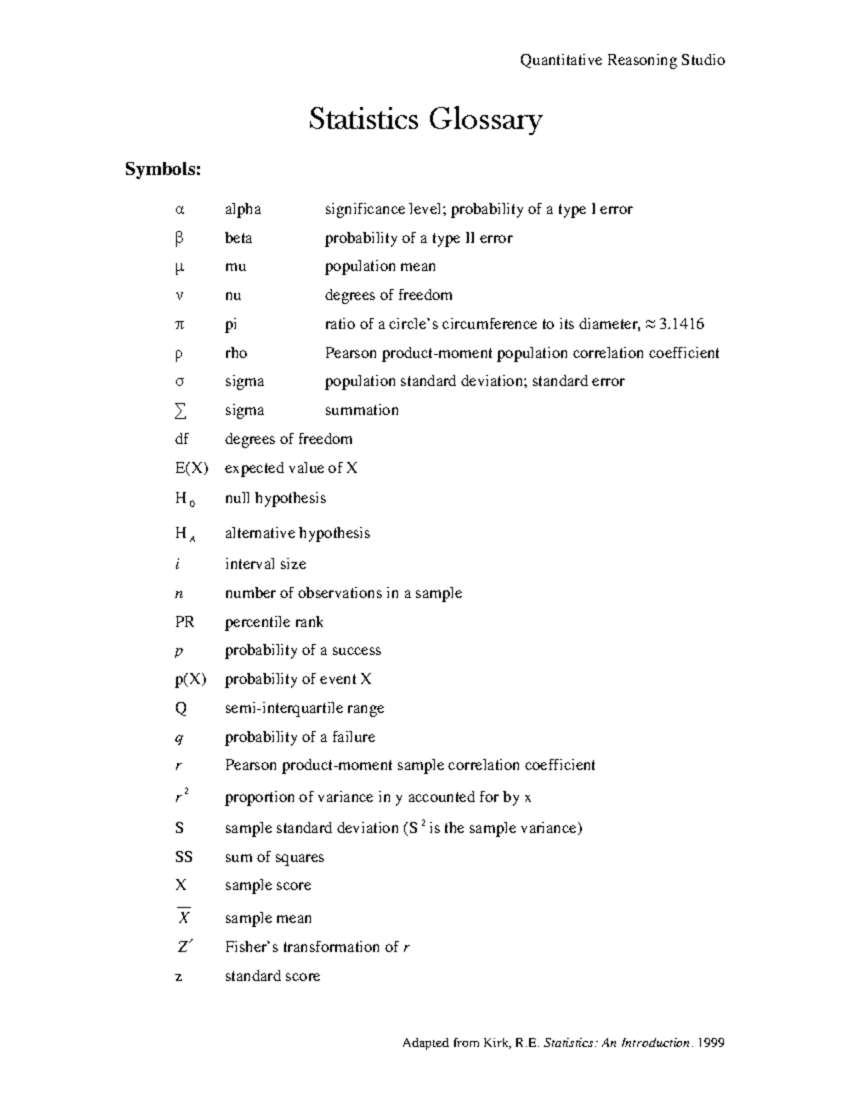 Statistics Glossary - Statistics Glossary Symbols: α alpha significance ...
