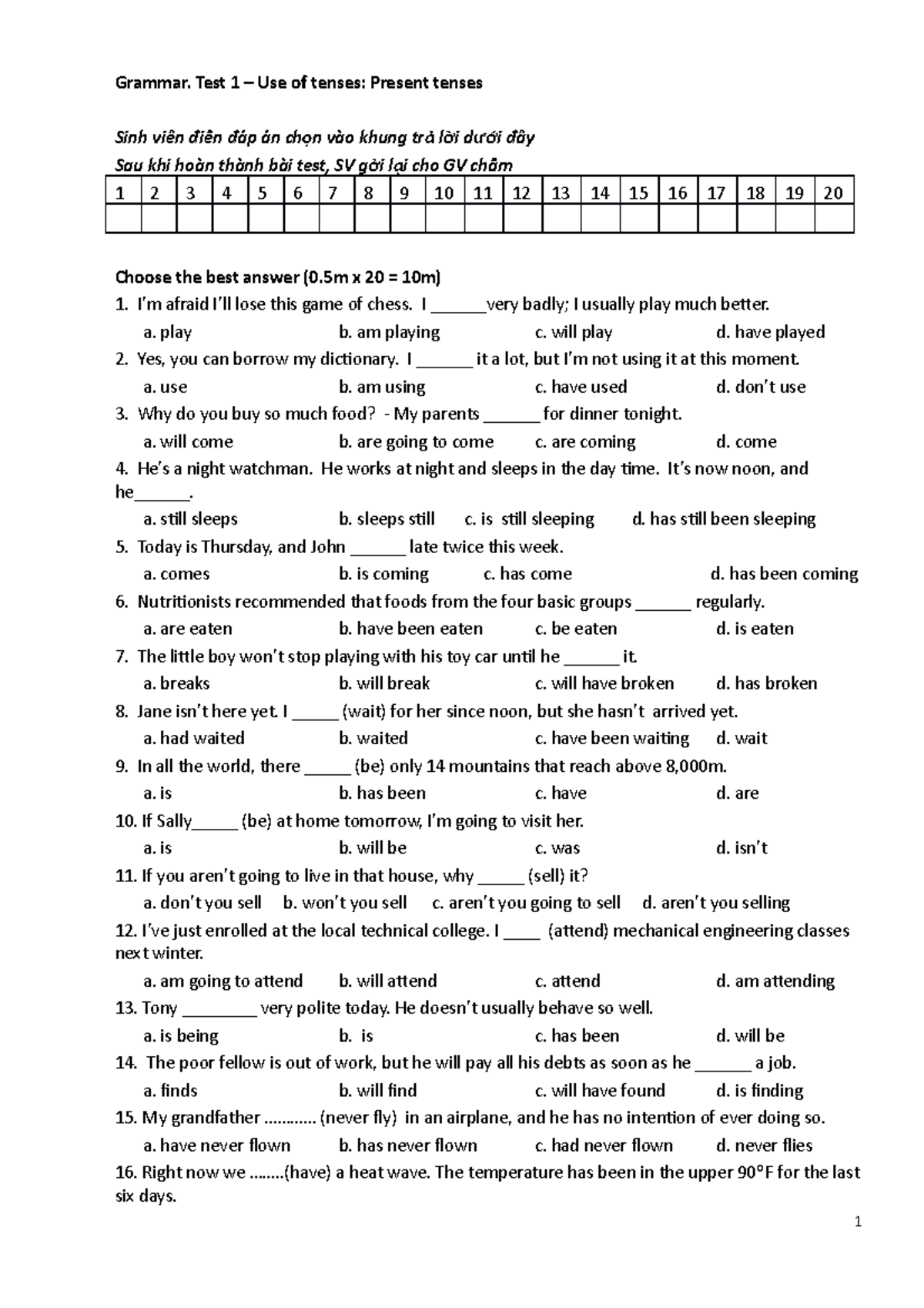 Grammar Test 1 - English - Grammar. Test 1 – Use of tenses: Present ...