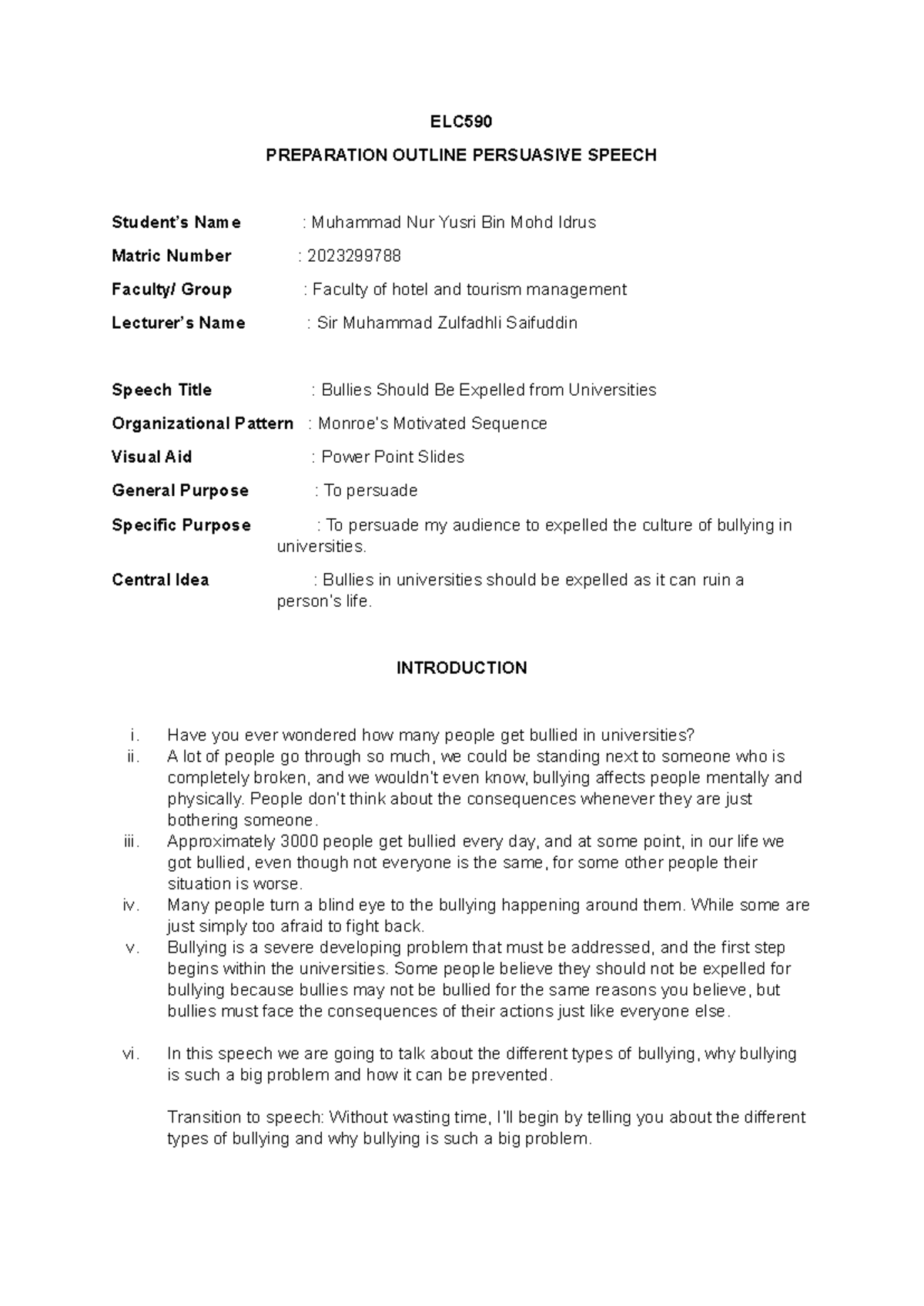 Persuasive Speech - ELC PREPARATION OUTLINE PERSUASIVE SPEECH Student’s ...