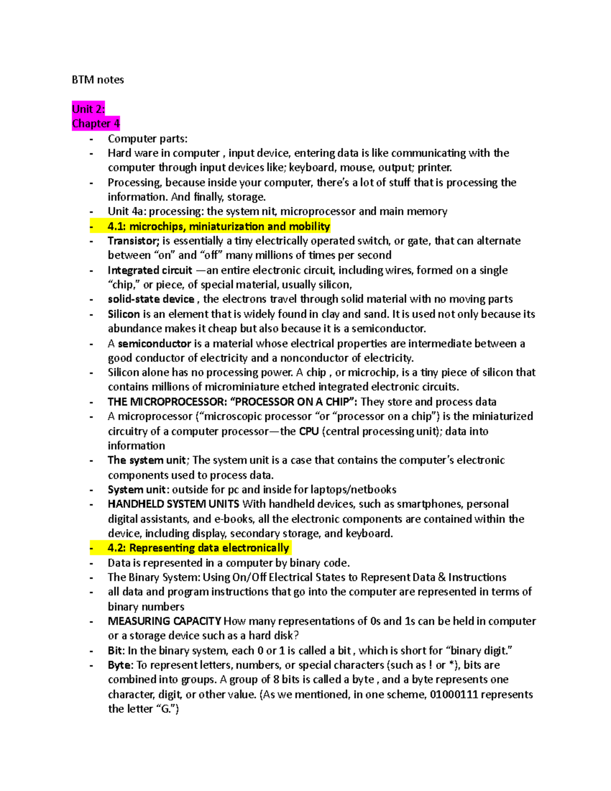BTM 200 unit 1-7 notes - BTM notes Unit 2: Chapter 4 - Computer parts ...