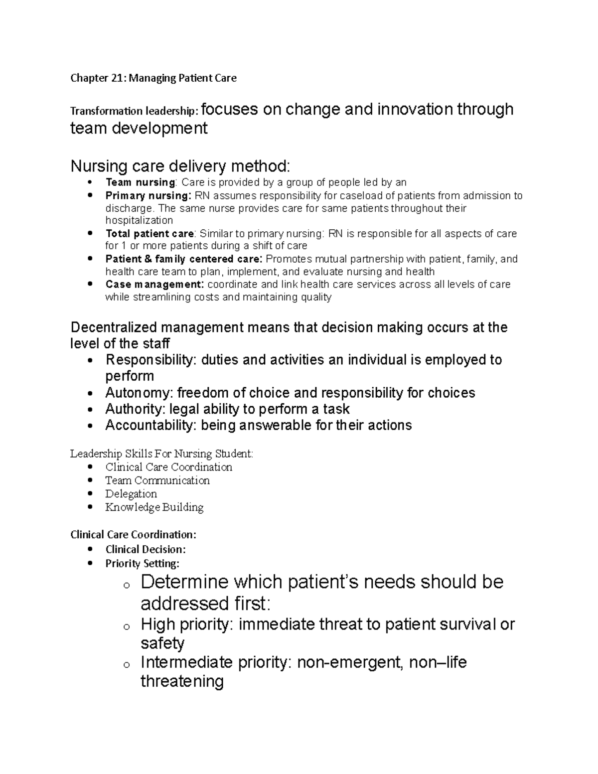 NR 226 Exam 1 - Practice Material - Chapter 21: Managing Patient Care ...