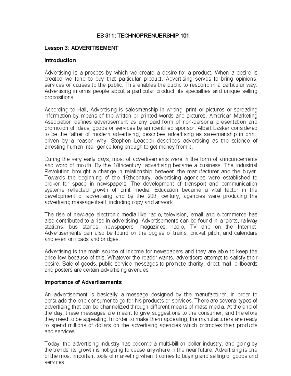 Module 2 Advertisement - ES 311: TECHNOPRENUERSHIP 101 Lesson 3 ...