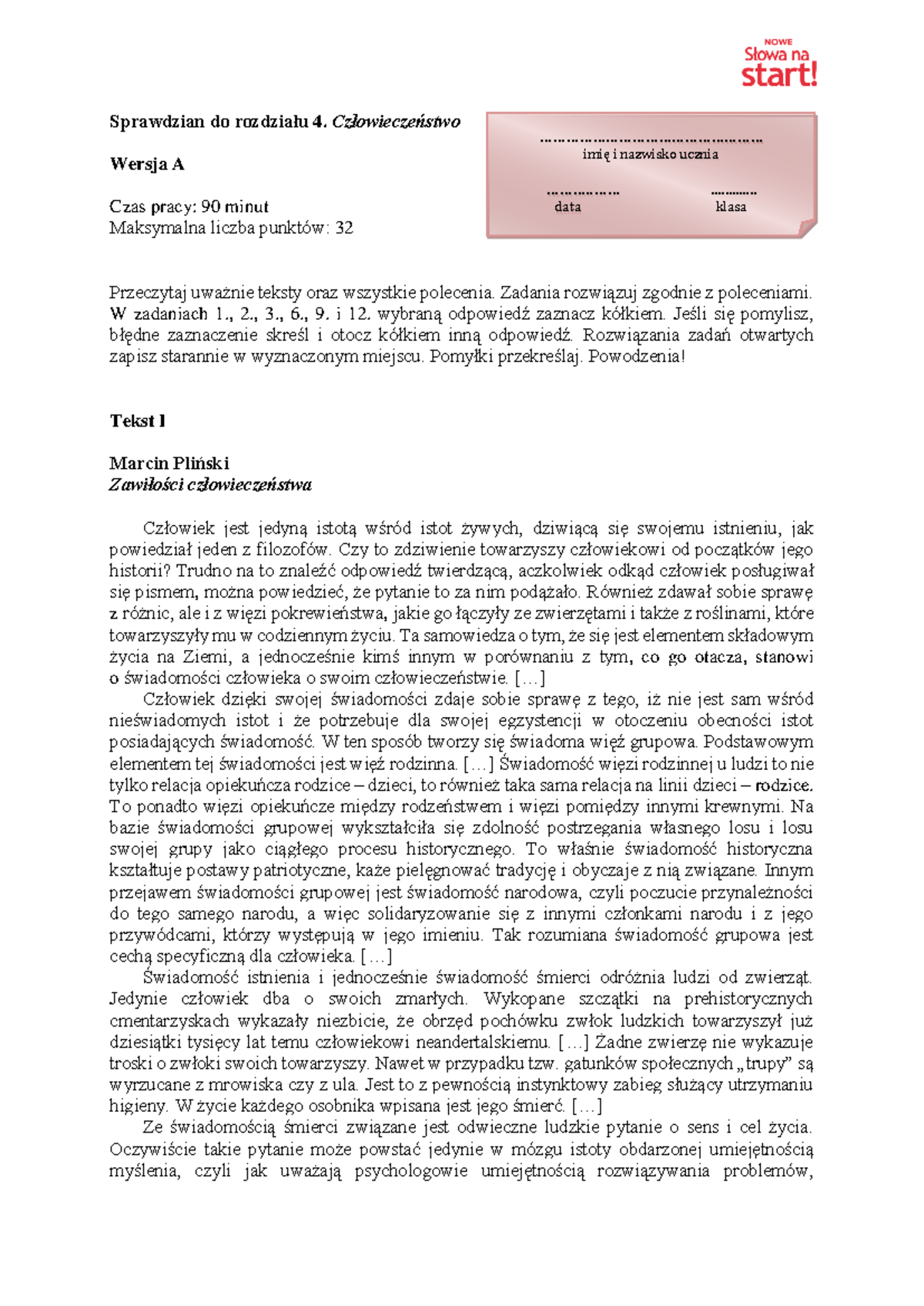 Test podsumowujacy do rozdzialu 4 czlowieczenstwo grupa a - Sprawdzian