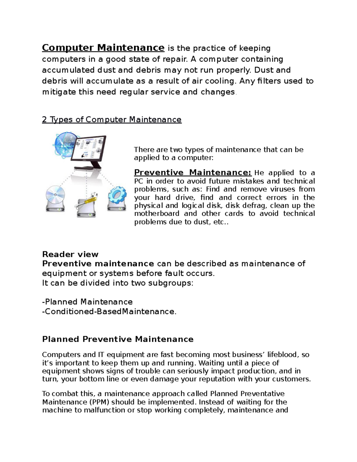 Computer Maintenance and PPE - Computer Maintenance is the practice of ...