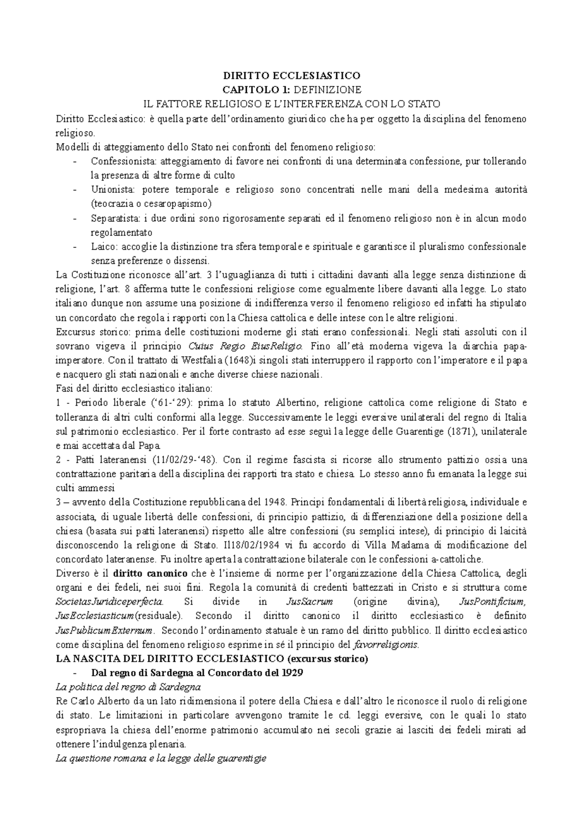 Diritto Ecclesiastico DIRITTO ECCLESIASTICO CAPITOLO 1 DEFINIZIONE IL FATTORE RELIGIOSO E