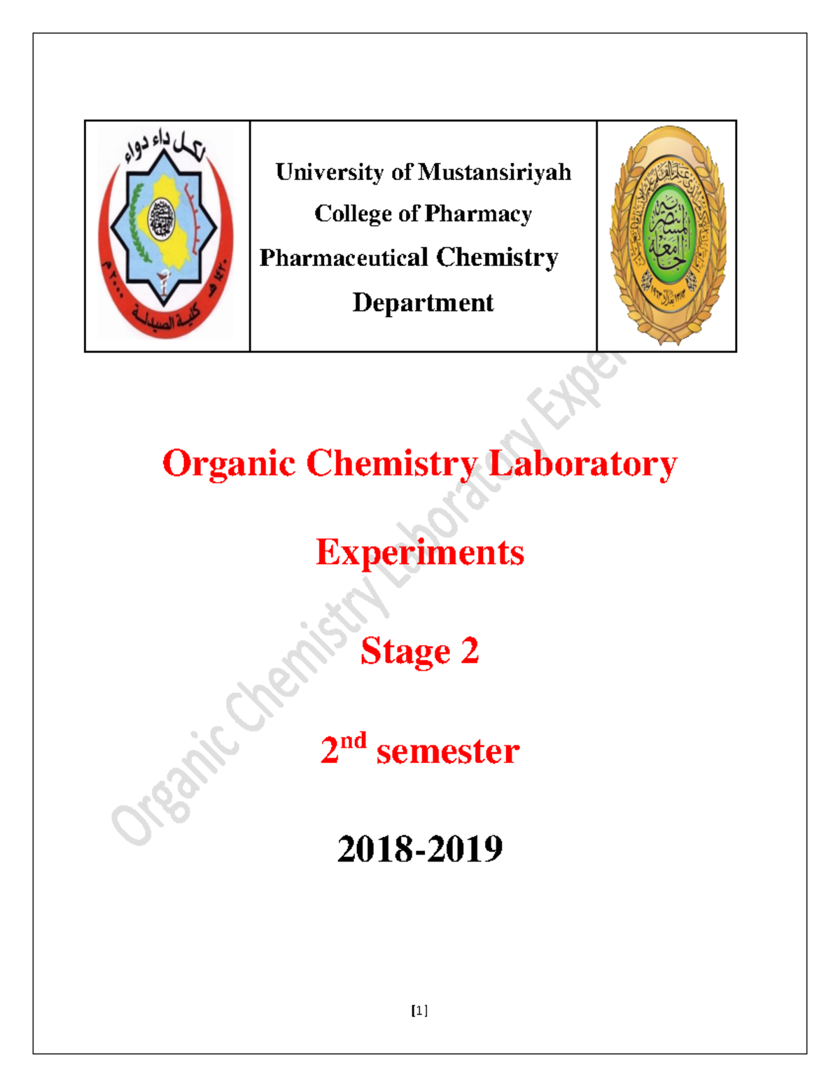 Pratical msc Organic Chemistry Laboratory Experiments Stage 2 2 nd