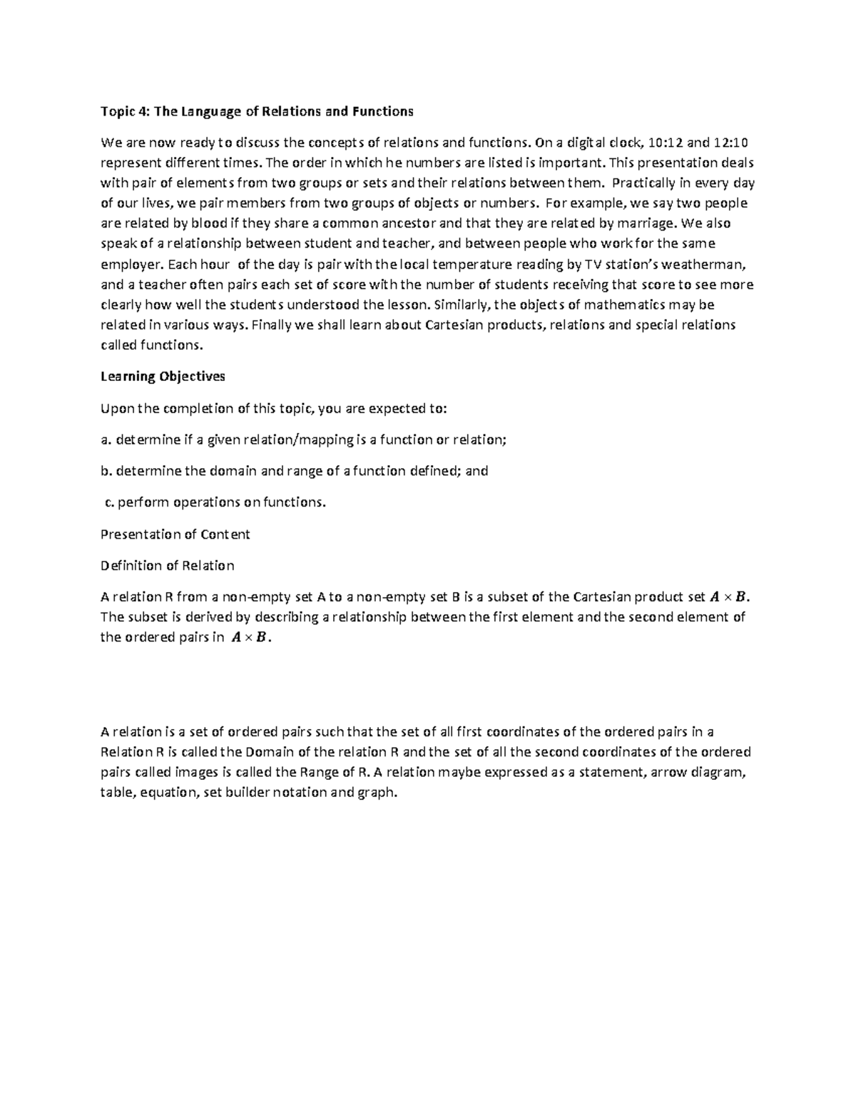Topic 3 Language of Relations and Functions - Topic 4: The Language of ...