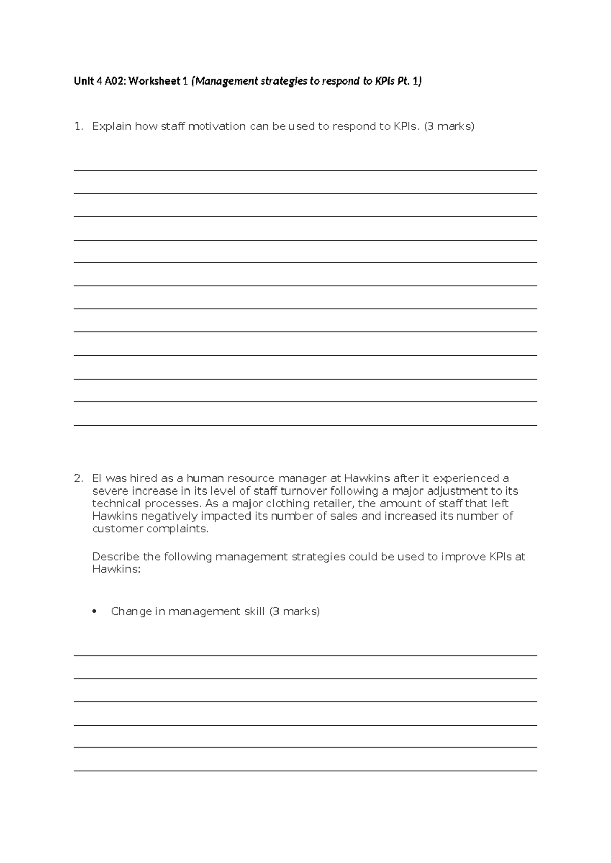 Unit 4 A02 - Practice Questions 1 - Unit 4 A02: Worksheet 1 (Management ...
