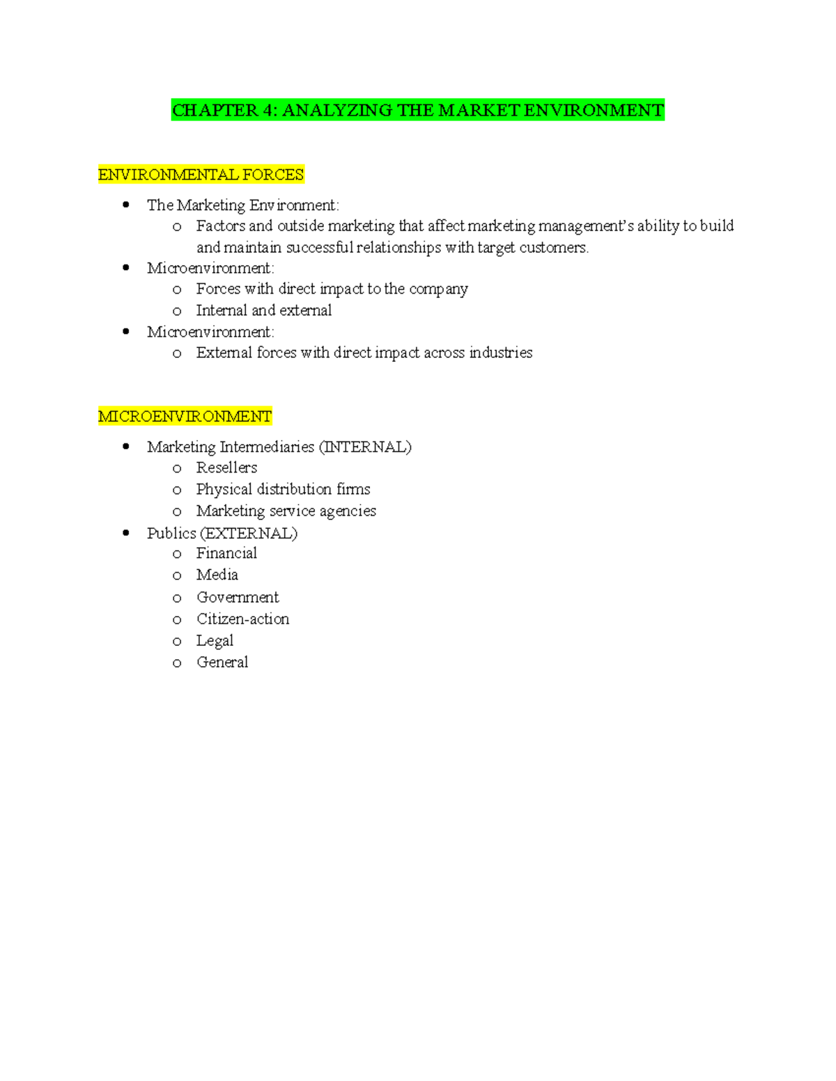 Chapter 4 Study Sheet - CHAPTER 4: ANALYZING THE MARKET ENVIRONMENT ...