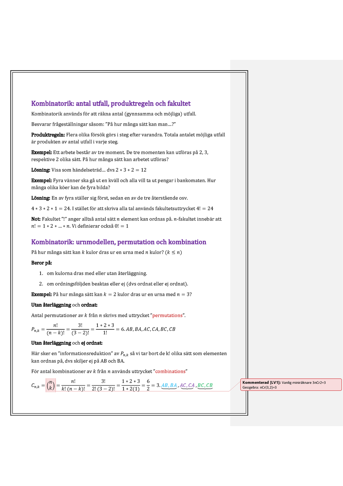 F4 Avskriven - Kombinatorik - Kombinatorik: Antal Utfall, Produktregeln ...