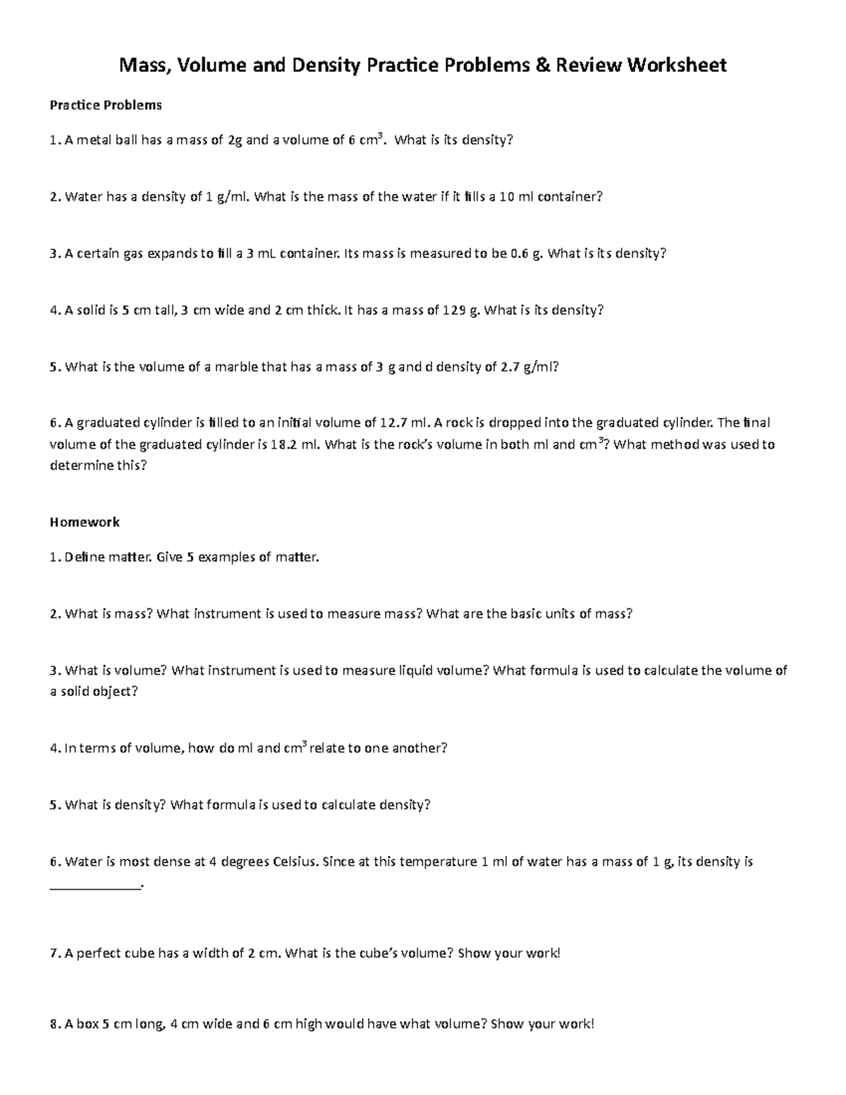 Mass - ASDsa - Mass, Volume and Density Practice Problems & Review  Worksheet Practice Problems A - Studocu