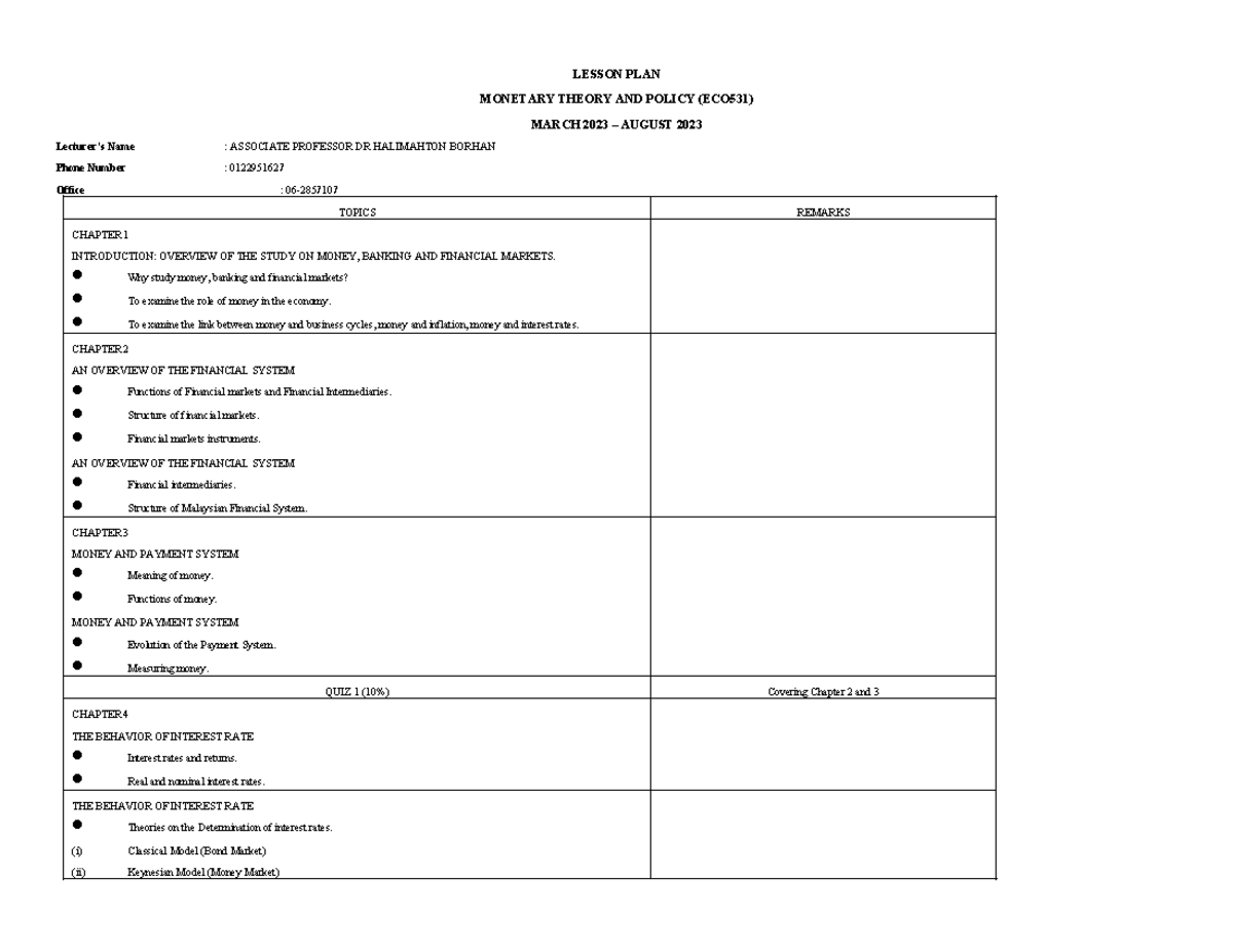 Lesson Plan ECO531 March 2023 - LESSON PLAN MONETARY THEORY AND POLICY ...