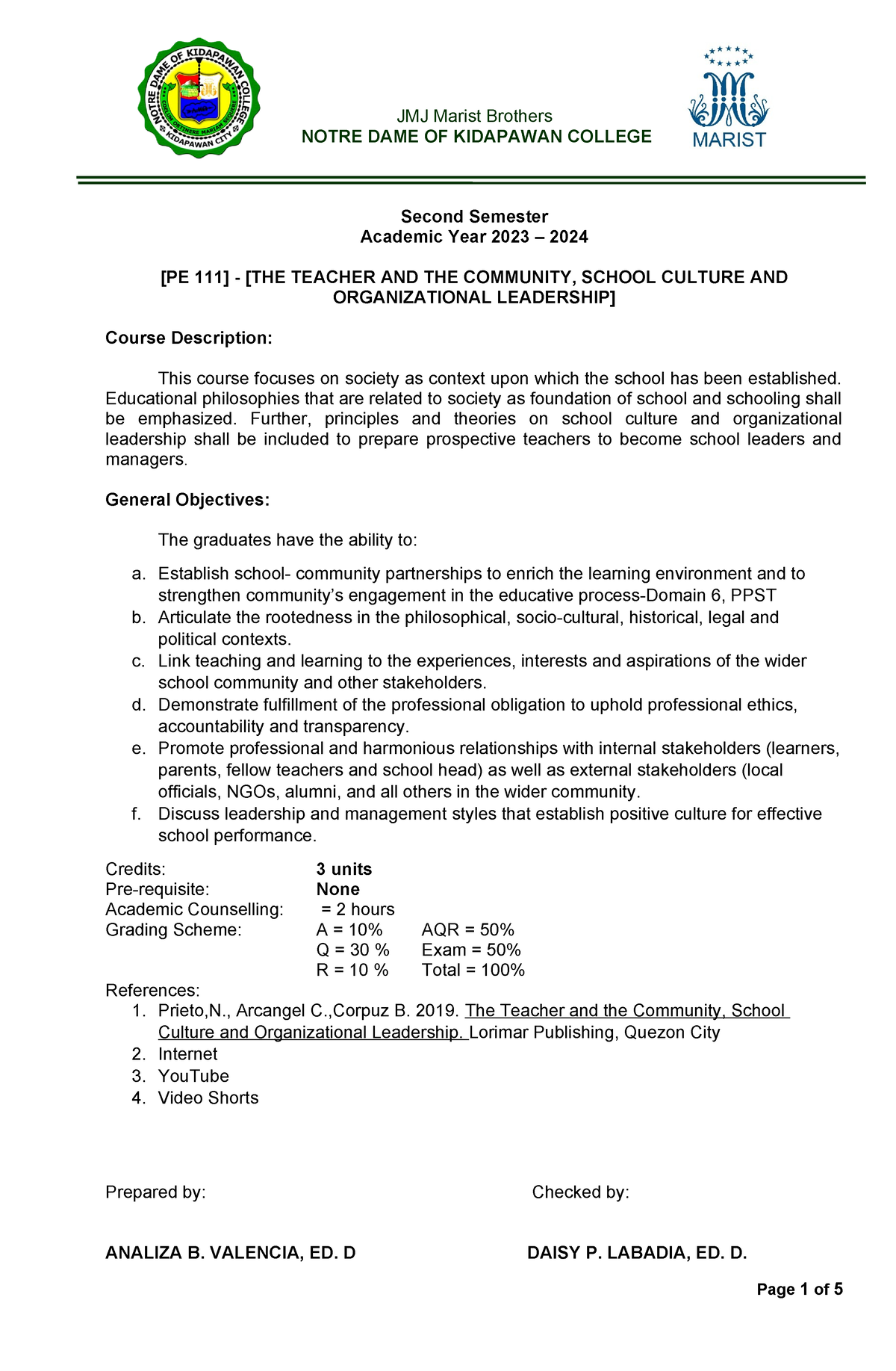 Course Outline PE 111 2nd Sem AY 2023 2024 1 - JMJ Marist Brothers ...