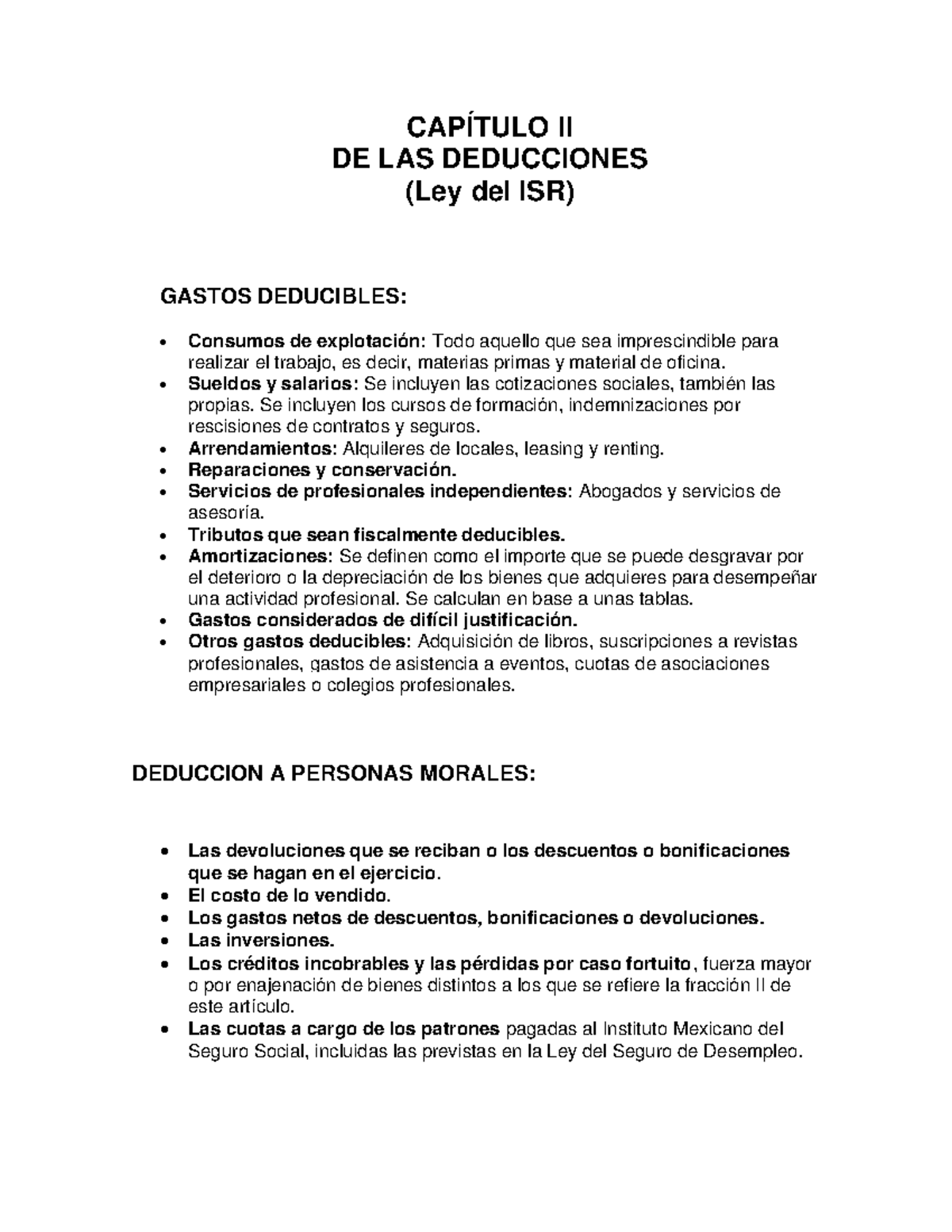 Deducciones personas morales - CAPÍTULO II DE LAS DEDUCCIONES (Ley del ...