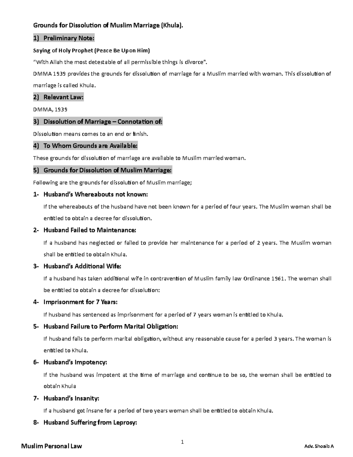 Dissolution of Muslim Marriage (Khula) - 1) Preliminary Note: Saying of ...