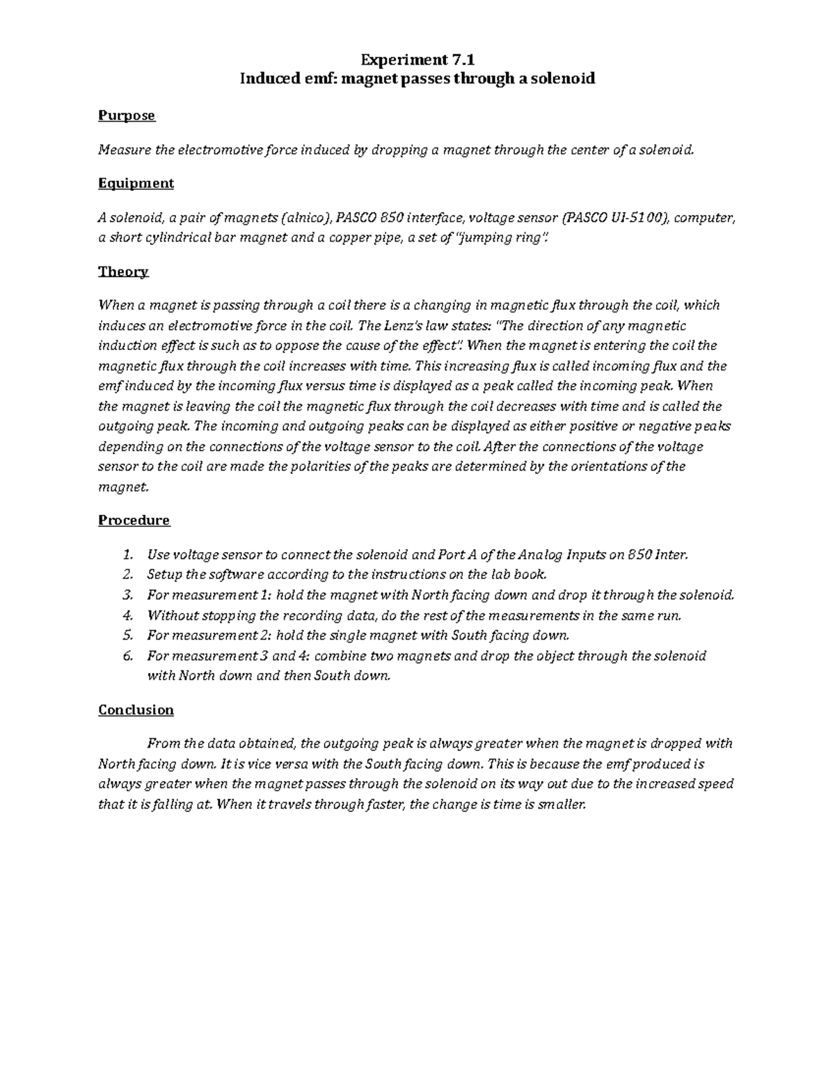 experiment 7.1 induced emf magnet passes through a solenoid
