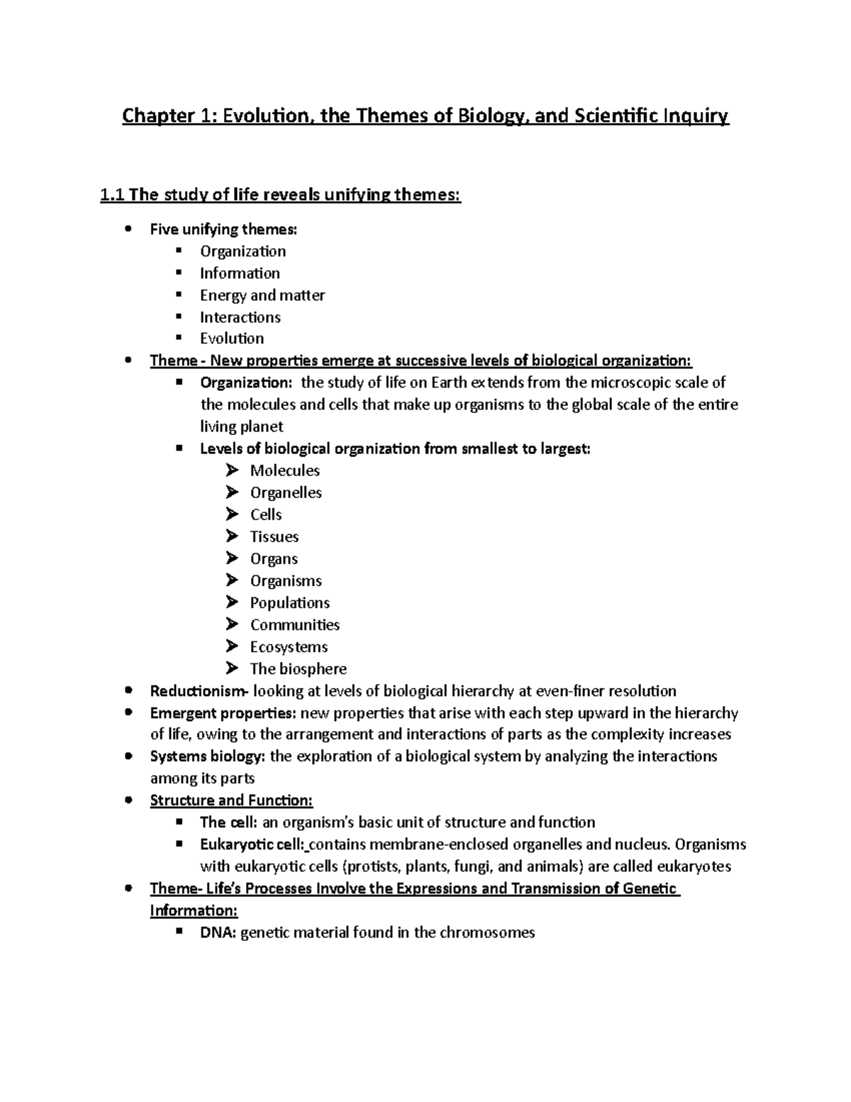 Bio Chapter 1 Notes - Timothy Steward - Chapter 1: Evolution, the ...