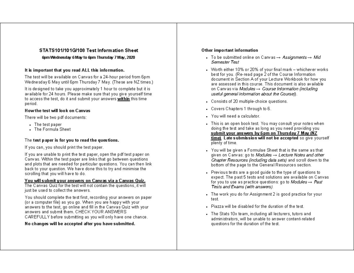 10x S1 2020 Test Information - STATS101/101G/108 Test Information Sheet ...