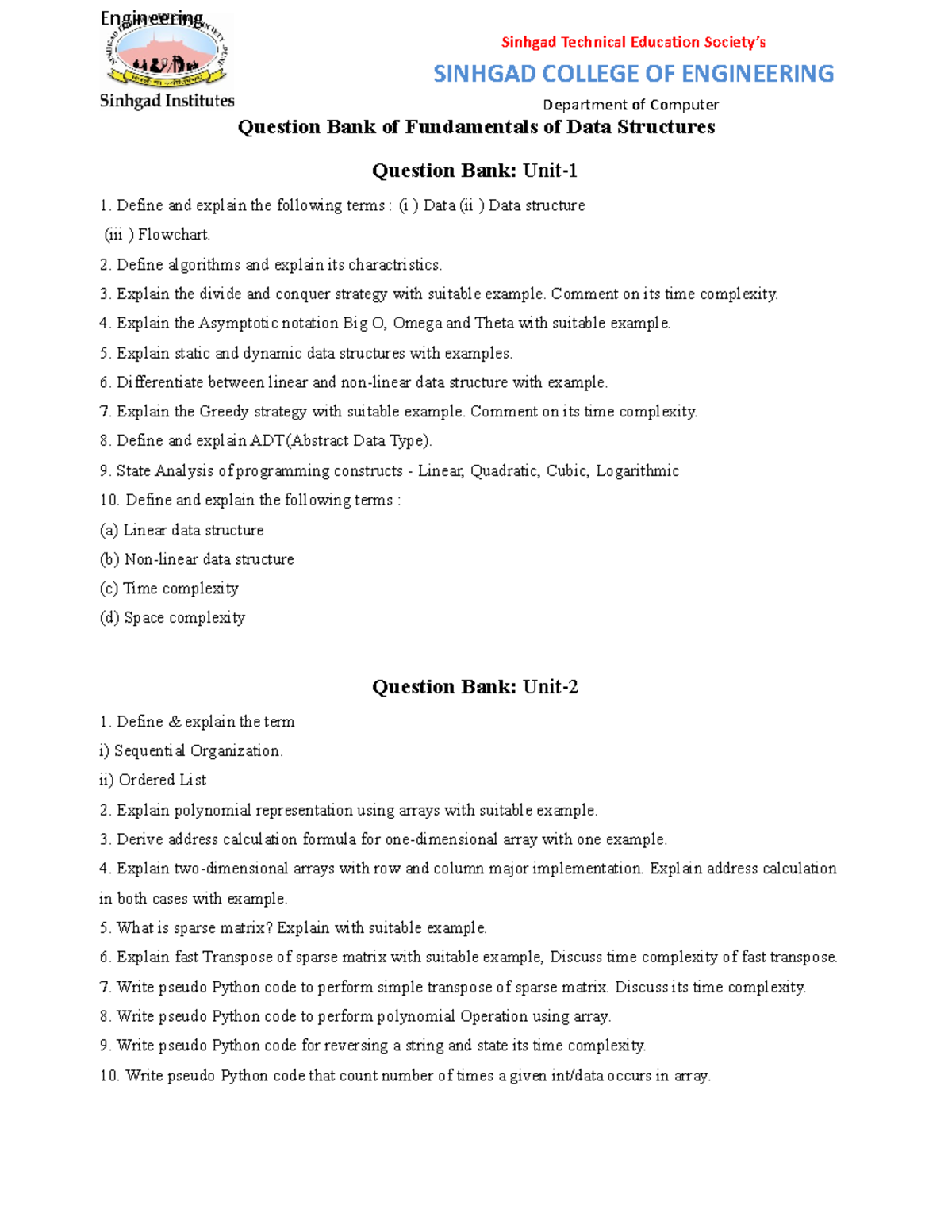 FDS Question Bank Engineering Question Bank of Fundamentals of Data Structures Question Bank