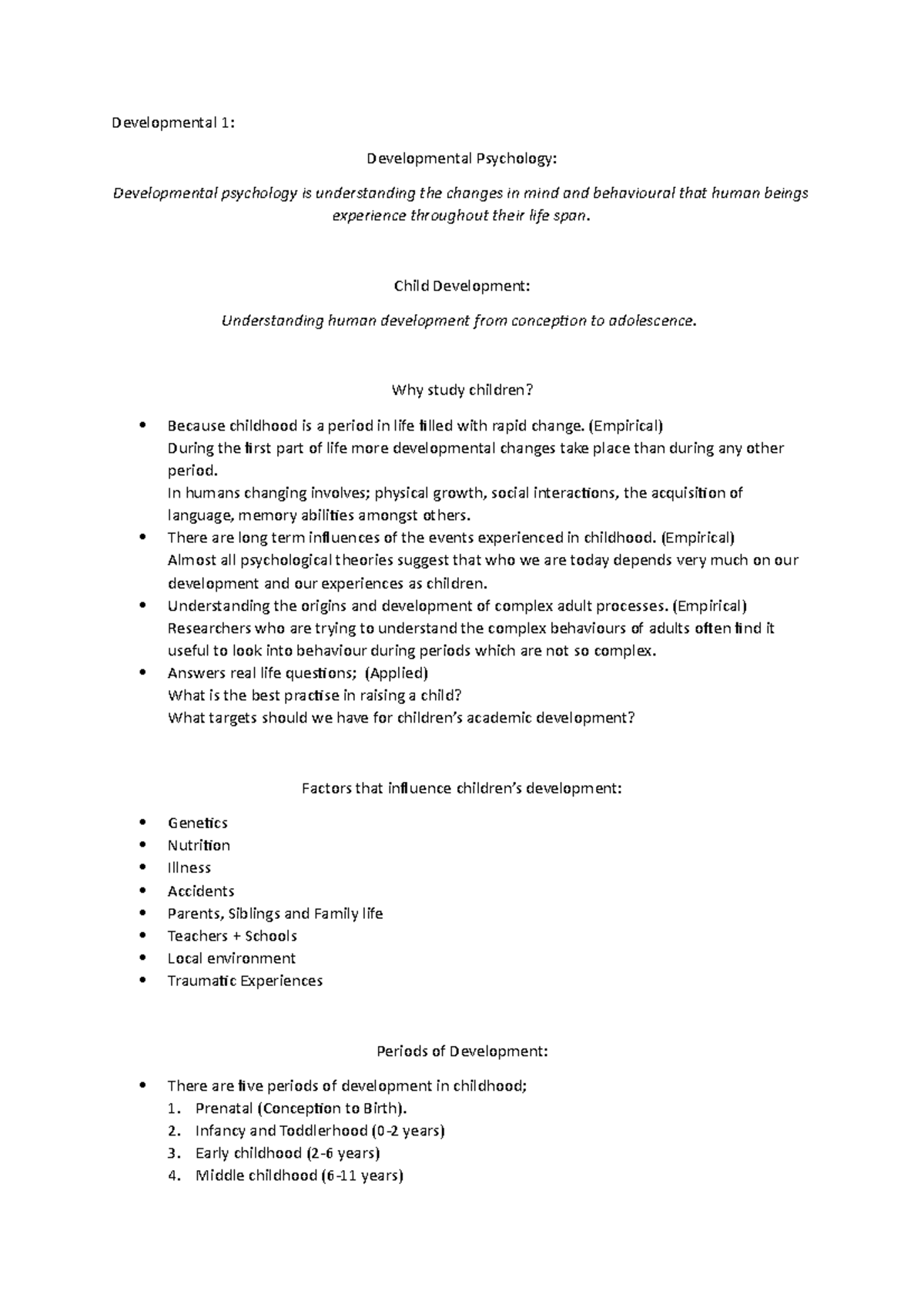 Developmental Revision Notes 1 - Developmental 1: Developmental ...