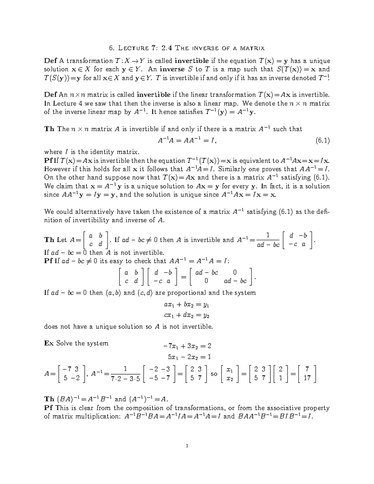 2.4. Matrix Inversion - linear algebra lecture note with Professor ...