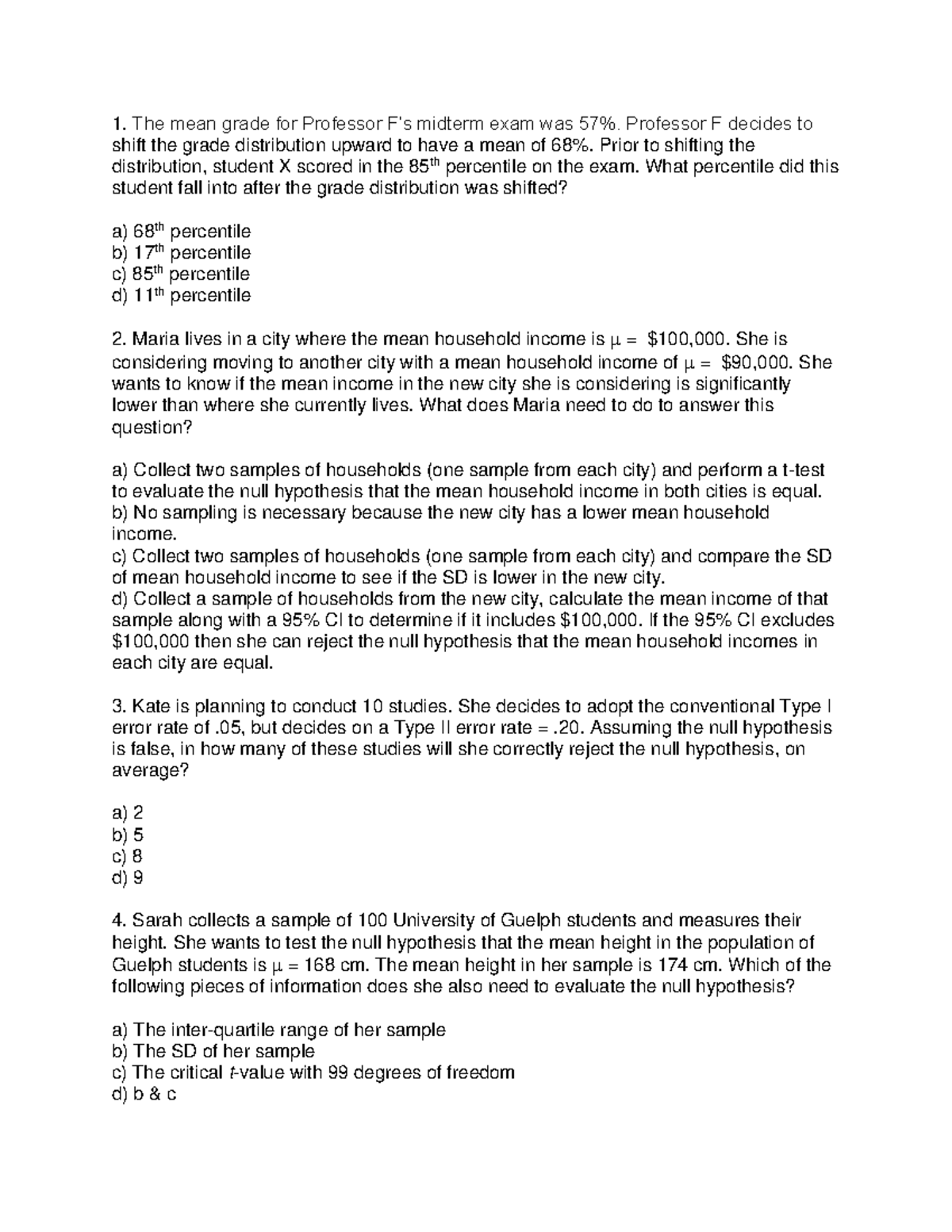 Midterm Practice Questions - The mean grade for Professor F’s midterm ...