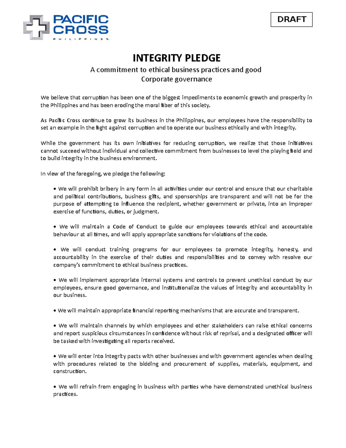 Draft Integrity Pledge - INTEGRITY PLEDGE A commitment to ethical ...