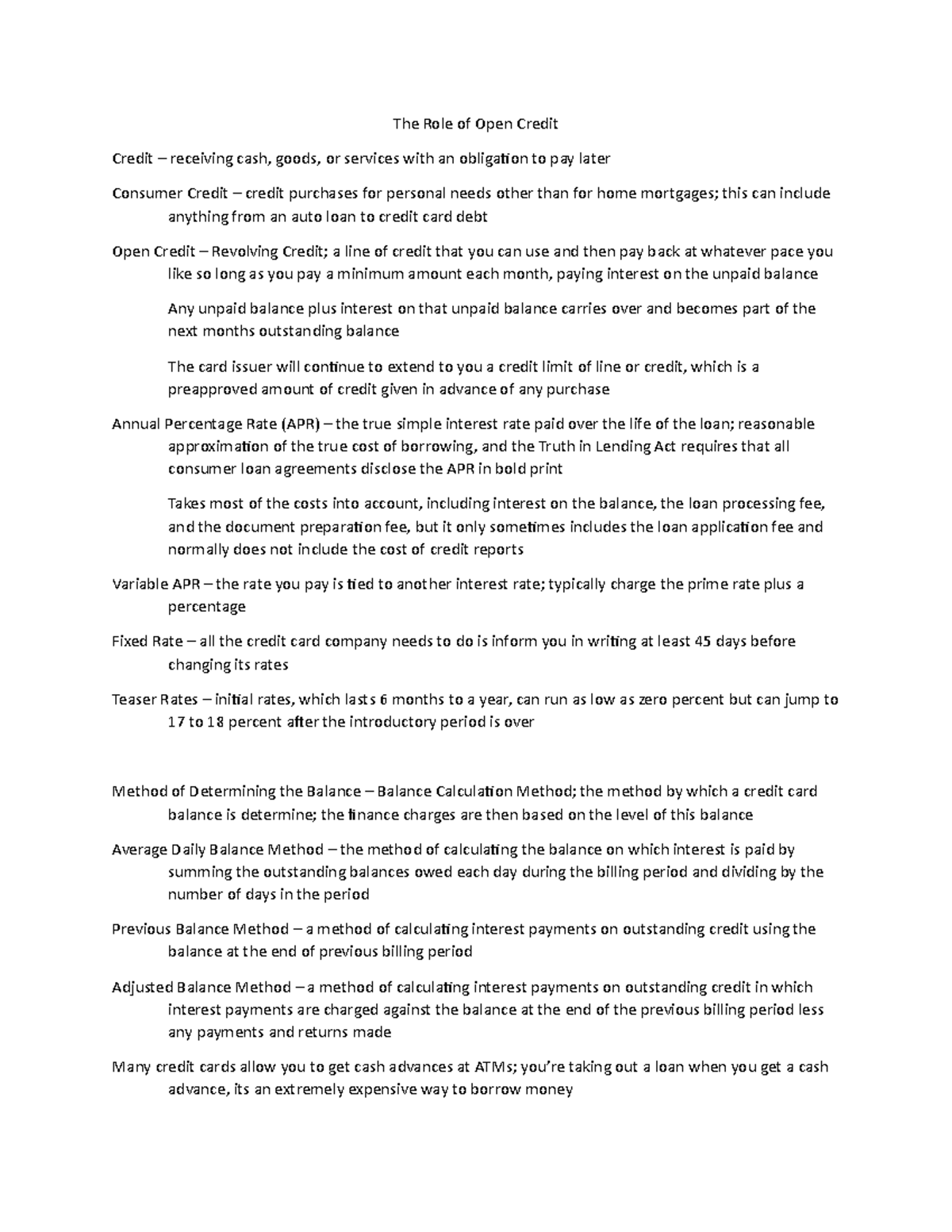 Chapter 6 Notes - The Role of Open Credit Credit – receiving cash ...