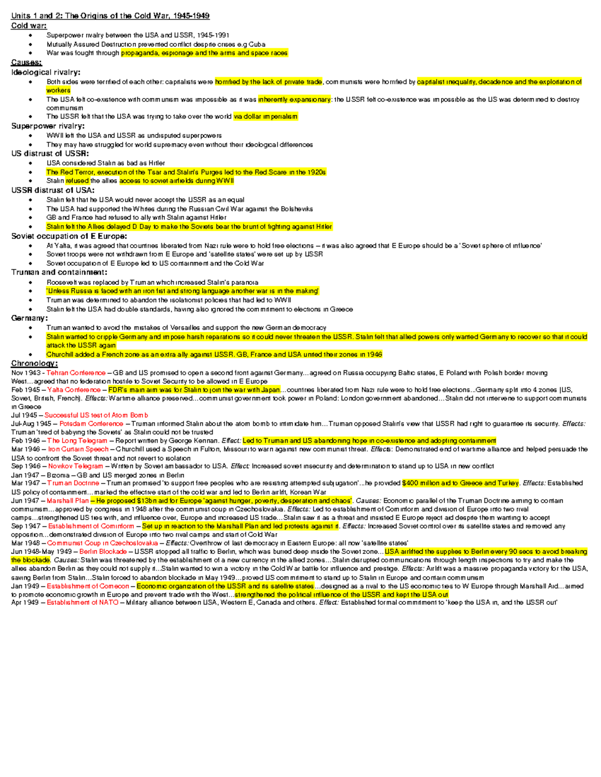 Cold war note 1 - eeeeeeeeeee - Units 1 and 2: The Origins of the Cold ...
