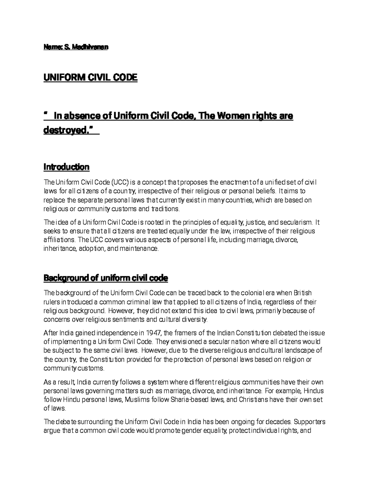 Uniform Civil Code article writing Name S. Madhivanan UN IFORM CIVIL