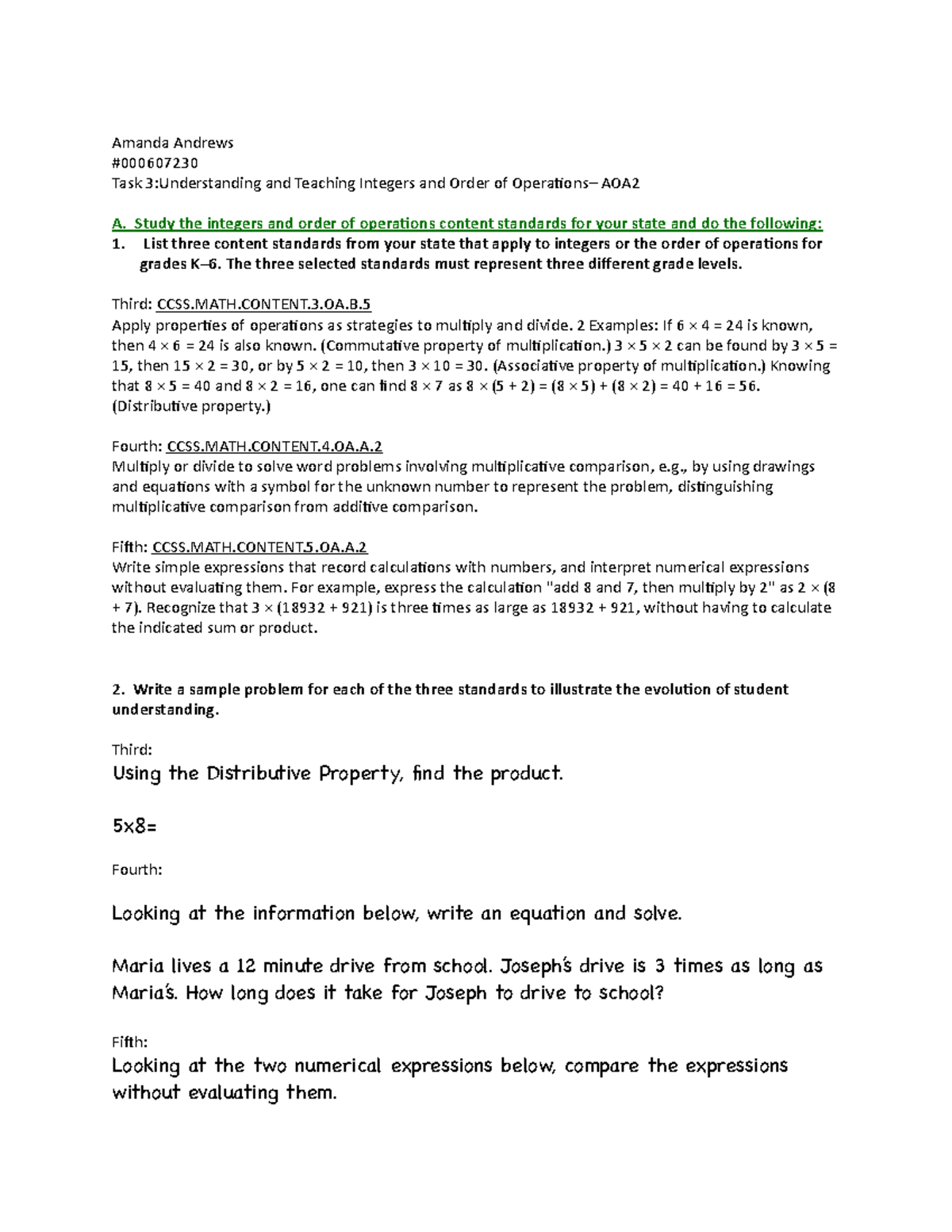 Integers and Order of Operations Task 3 - Amanda Andrews #000607230 ...