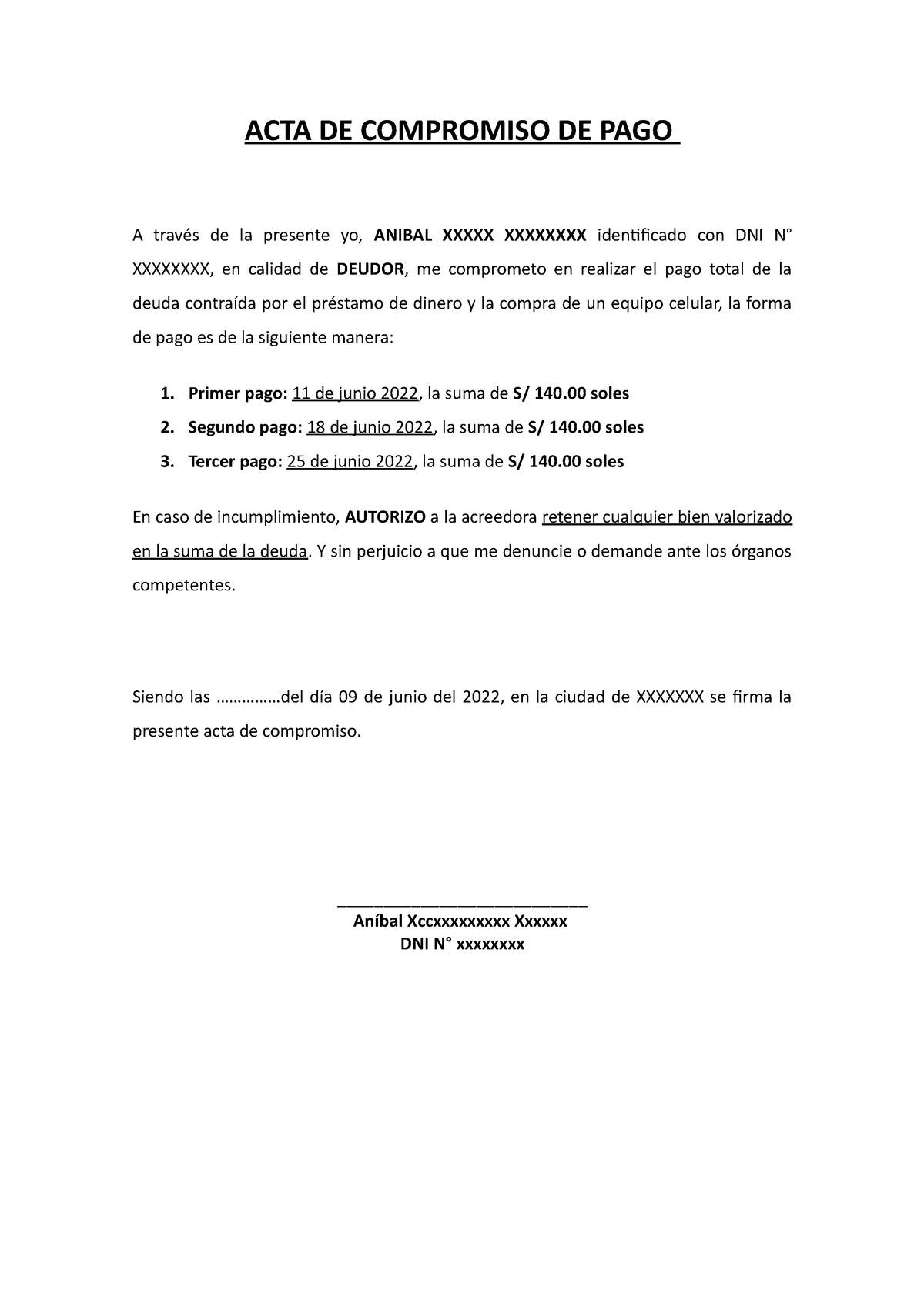 Compromiso De Pago Acta De Compromiso De Pago A Través De La Presente Yo Anibal Xxxxx 2984