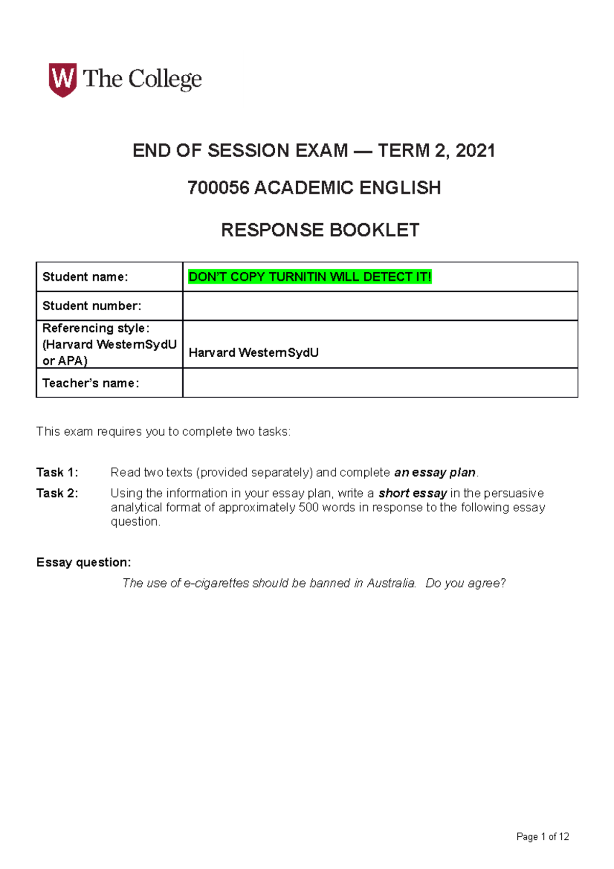 ACAD Response Booklet - DON’T COPY TURNITIN WILL DETECT IT! - END OF ...