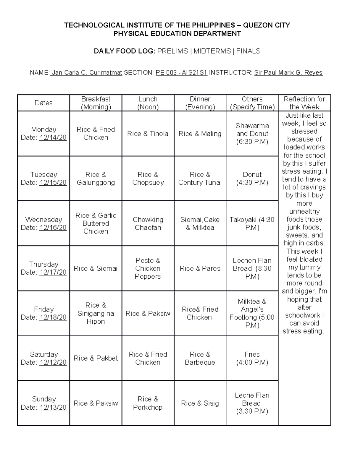 Assignment 3 1 Physical Activity Food Log TECHNOLOGICAL INSTITUTE 