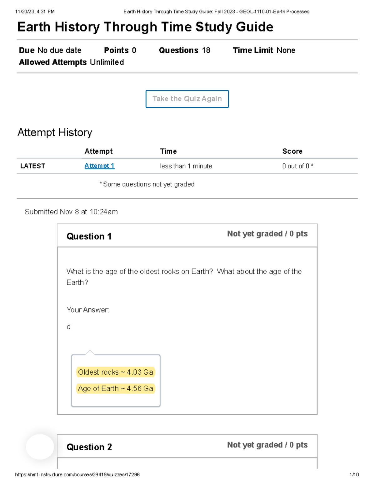 Earth History Through Time Study Guide Fall 2023 - GEOL-1110-01-Earth ...
