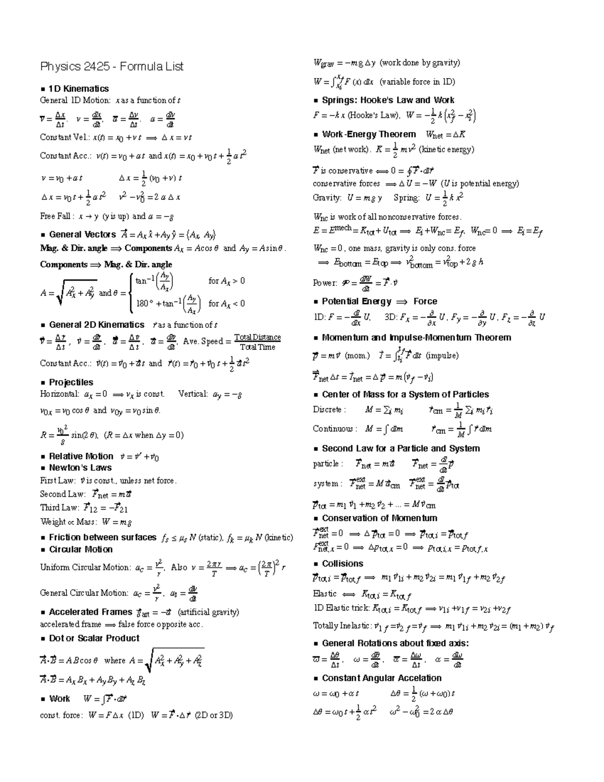 Formulas 1(1) - formula sheet one for physics - PHYS 1410 - Blinn ...