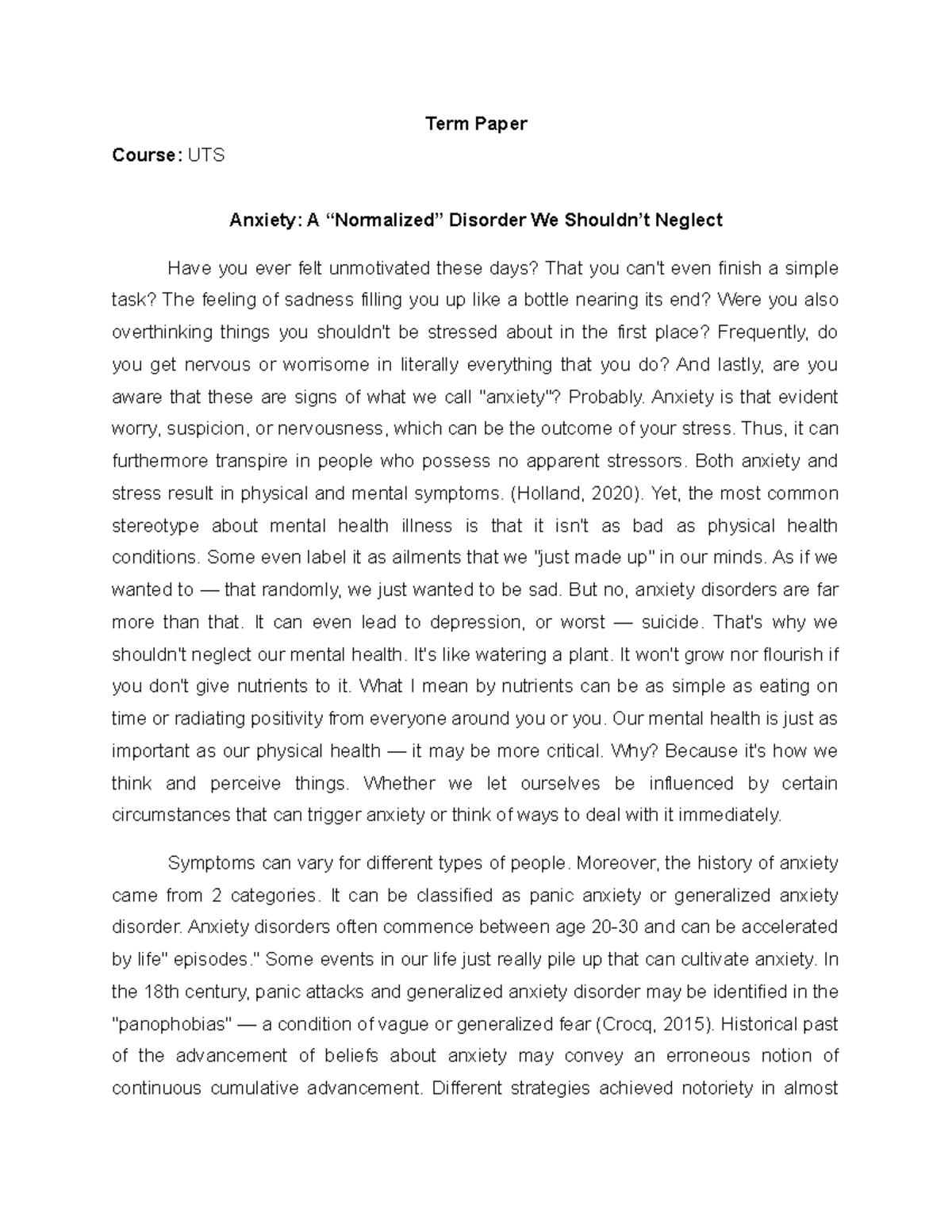 Term Paper on Mental Disorders (Anxiety) - Term Paper Course: UTS ...