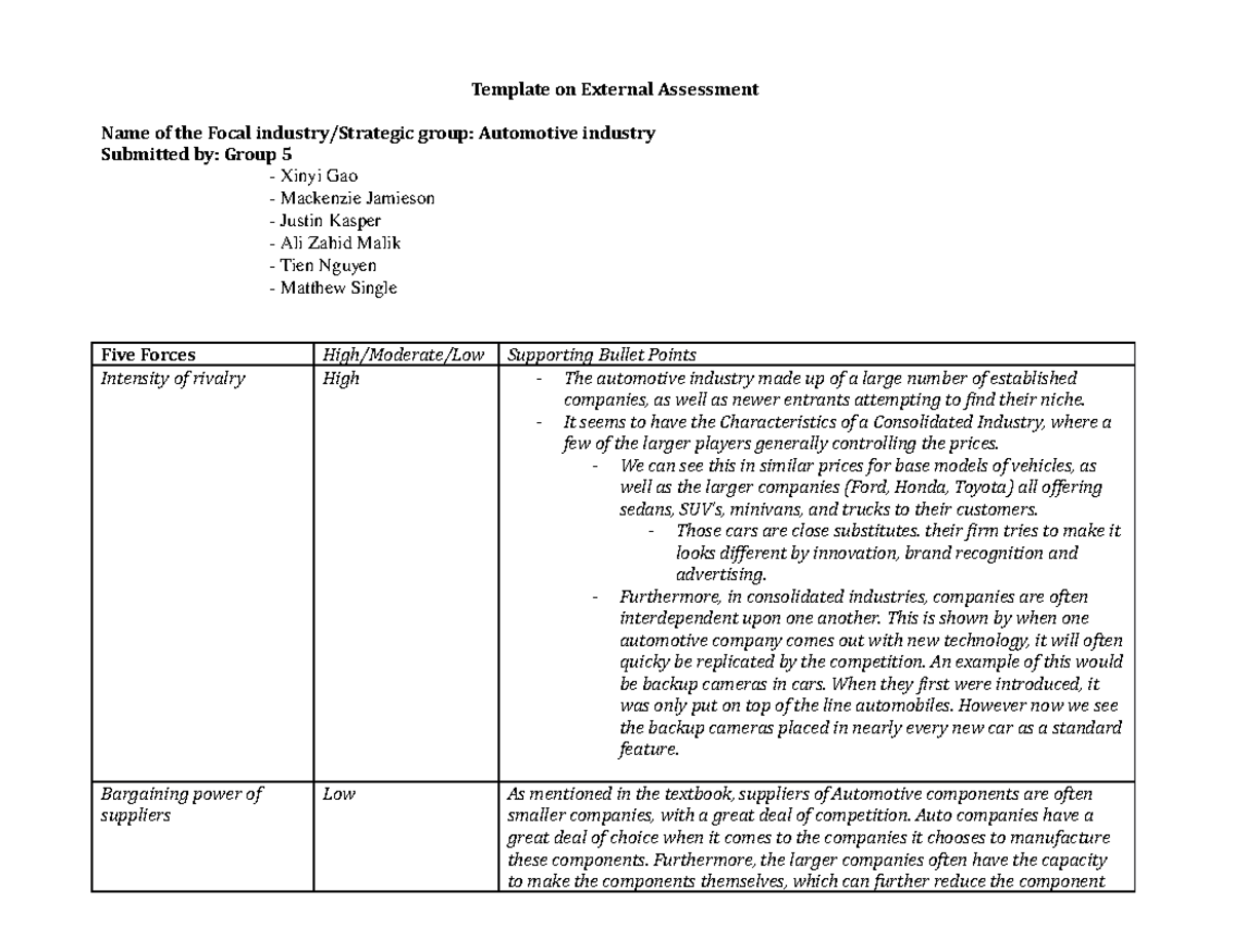External assessment - Automotive industry (group 5) - Template on ...