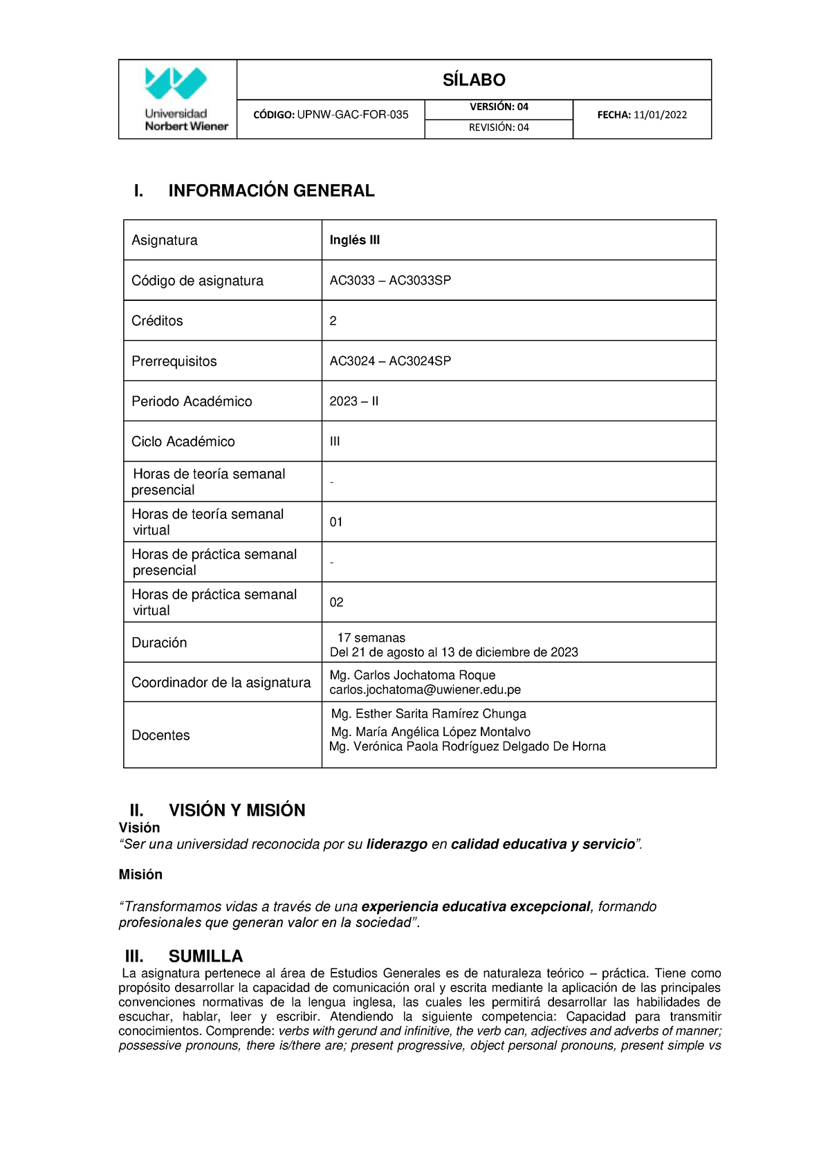 Sílabo Inglés III (PLAN Nuevo) 2023 II - C”DIGO: UPNW-GAC-FOR- VERSI”N ...