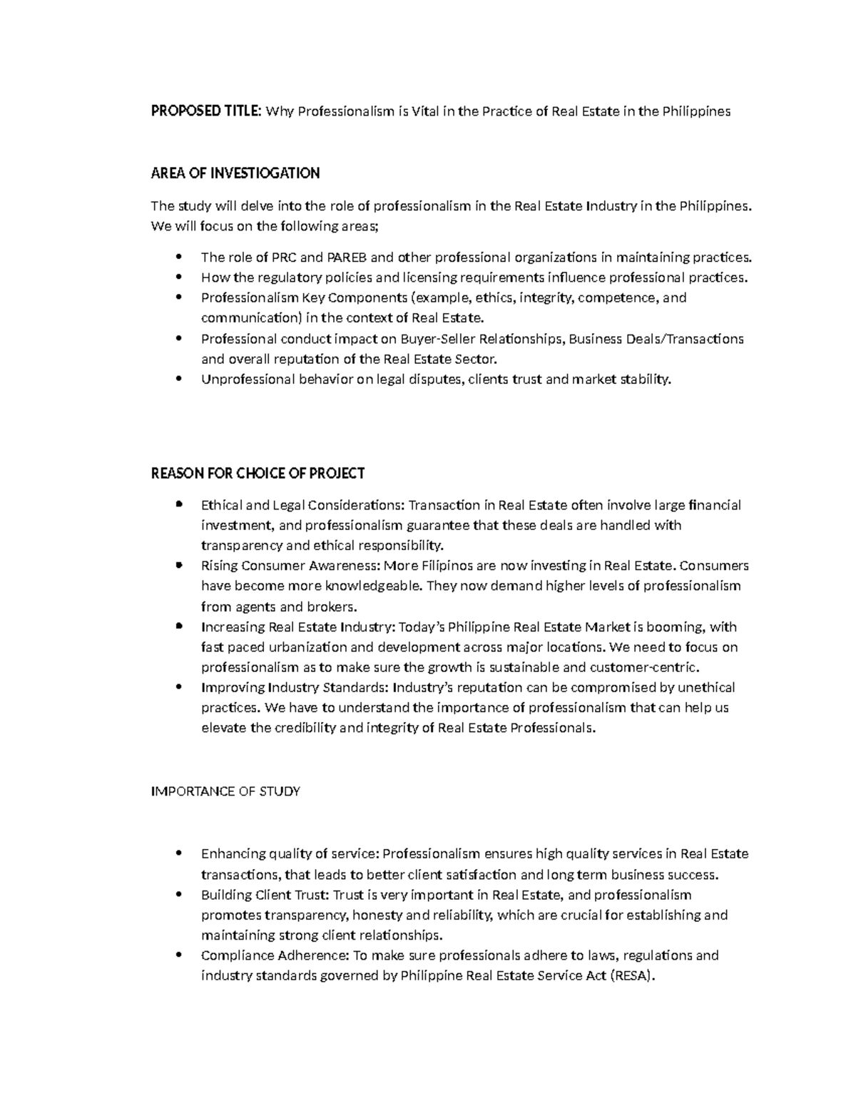 Research Topic Proposal Form - PROPOSED TITLE: Why Professionalism is ...