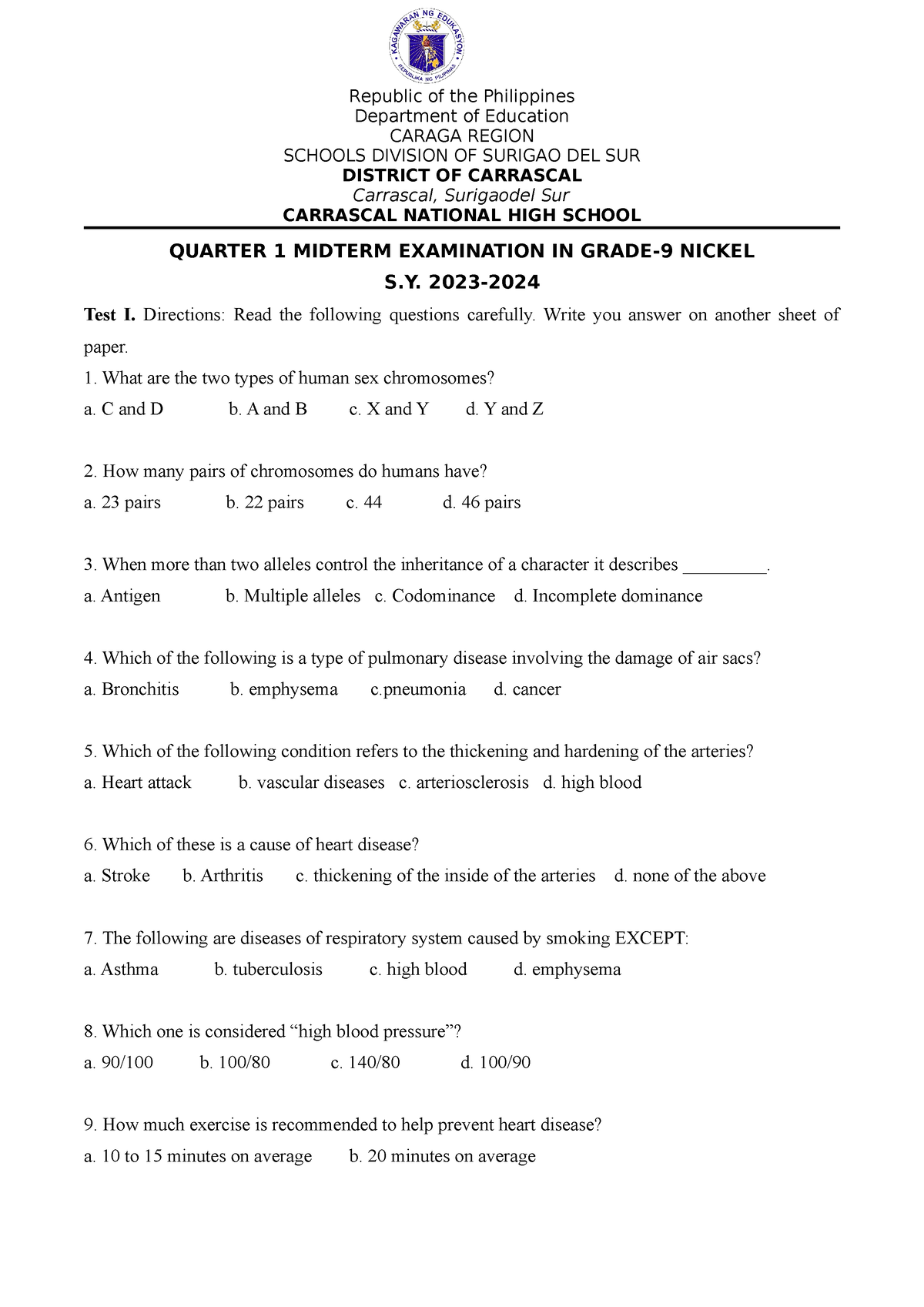 Grade 9 exam science - activity - Republic of the Philippines ...